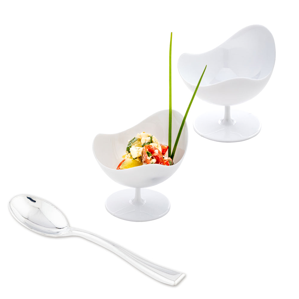 100 Pack 2 oz Round White Plastic Ball Chairs & 100 Silver Mini Plastic Spoons - Perfect for Party Favors, Ice Cream Scoops, and DIY Crafts