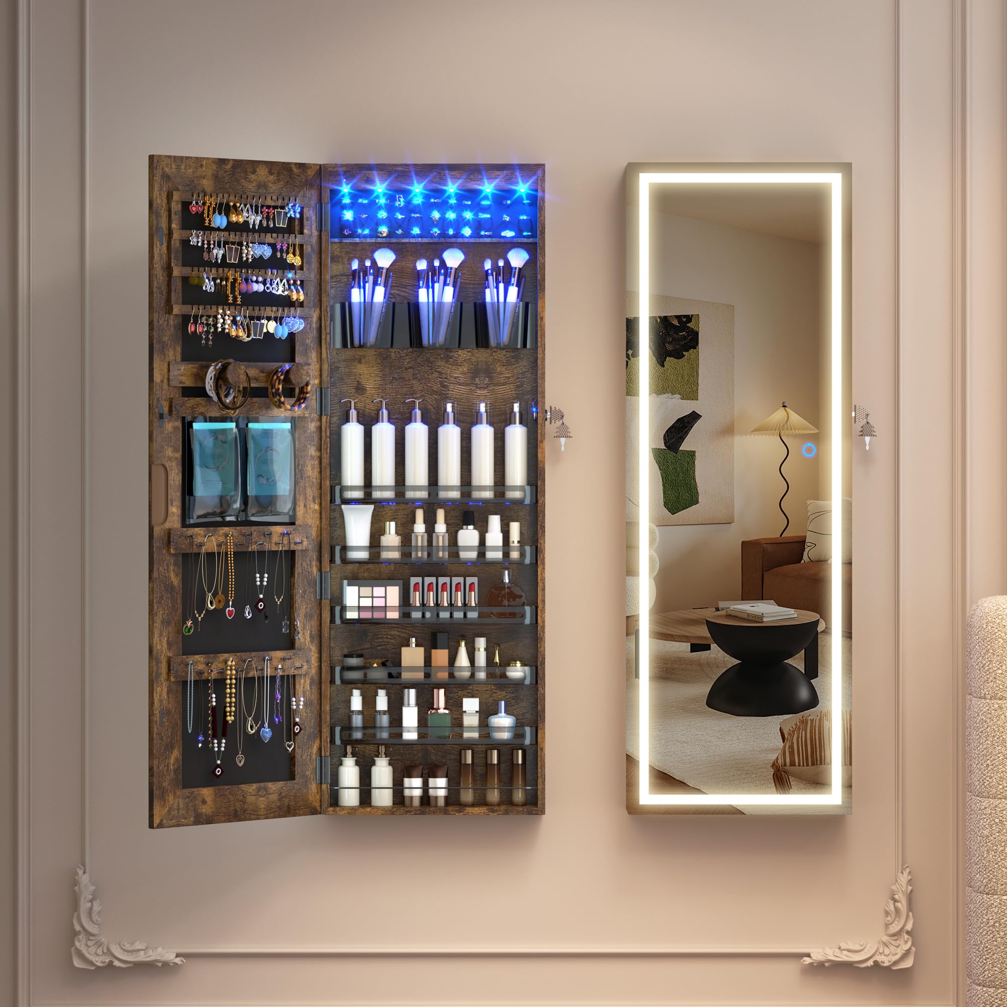 LVSOMT LED Mirror Jewelry Cabinet - Wall/Door Mount Jewelry Armoire Organizer with Lights, Full Length Mirror with Jewelry Storage, Over the Door Hanging Cabinet (Rustic Brown) | Perfect for Bedroom, Closet & Dressing Room Organization