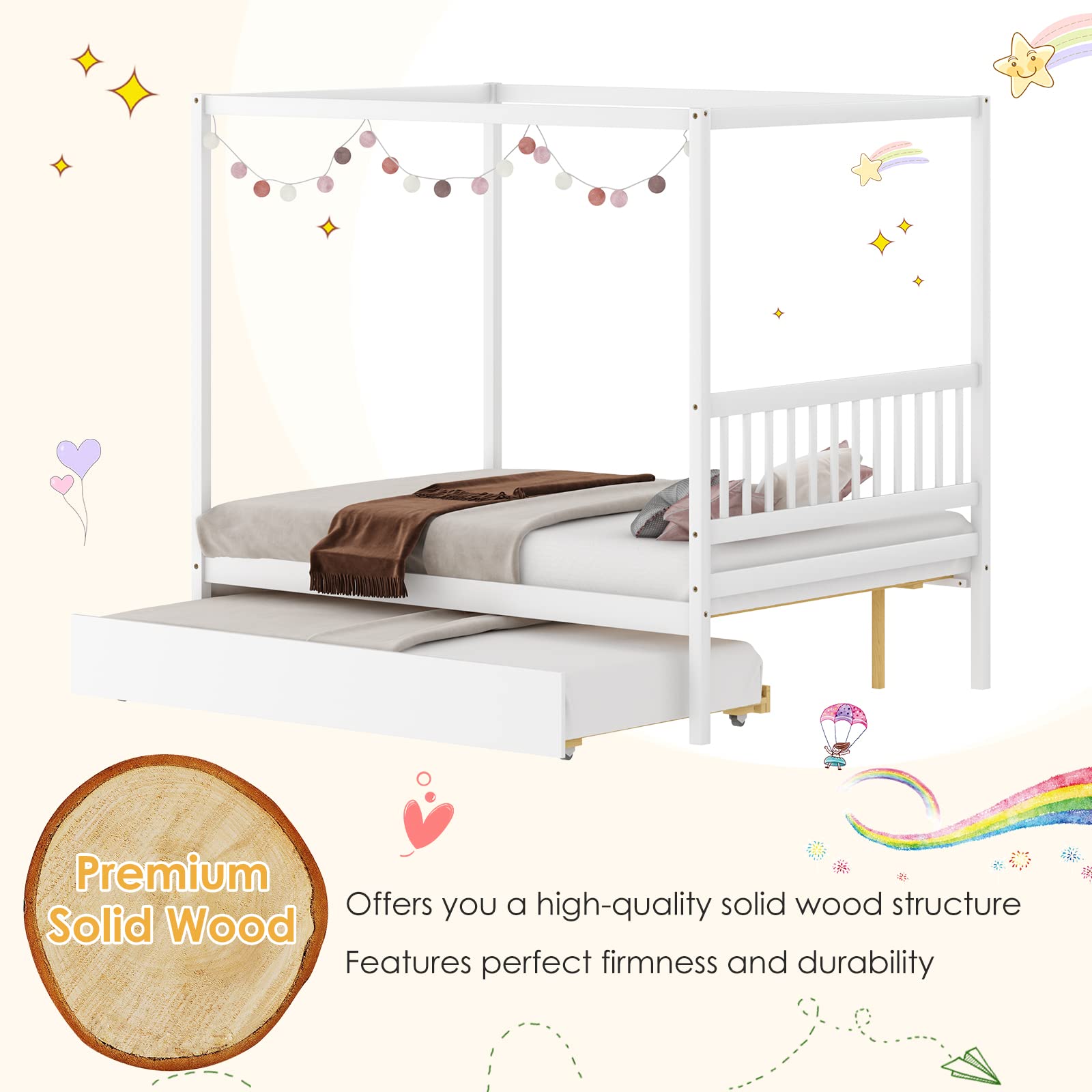 Giantex Full Size Canopy Bed with Trundle - Solid Wood Platform Bed Frame with Headboard for Kids, No Box Spring Needed - Perfect for Boys & Girls Bedrooms, Sleepovers and Space Saving (White)