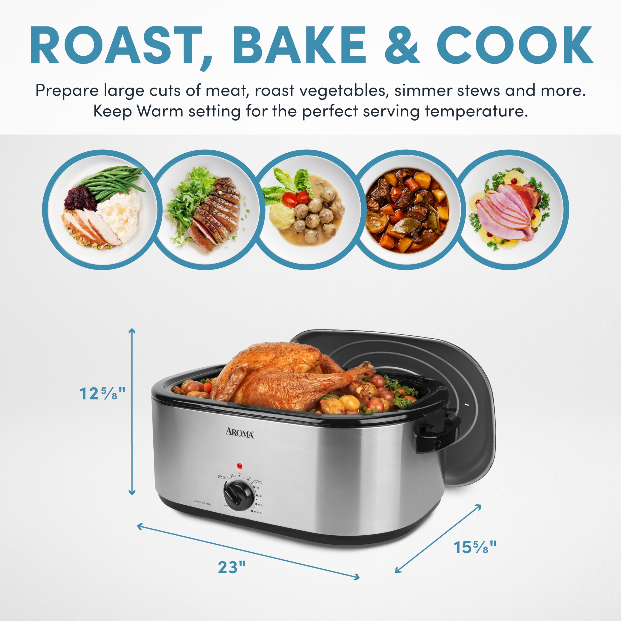 22Qt Stainless Steel Roaster Oven with Self-Basting Lid - Perfect for Holiday Turkey, Large Family Dinners & Potluck Parties