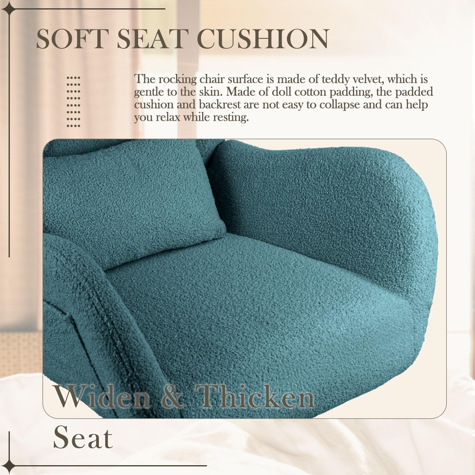 Waleaf Teddy Upholstered Rocking Chair - High Backrest Nursery Glider with Padded Seat, Comfortable Nursing Chair for Bedroom, Living Room & Nursery (Dark Green) - Perfect for Breastfeeding, Reading & Relaxing