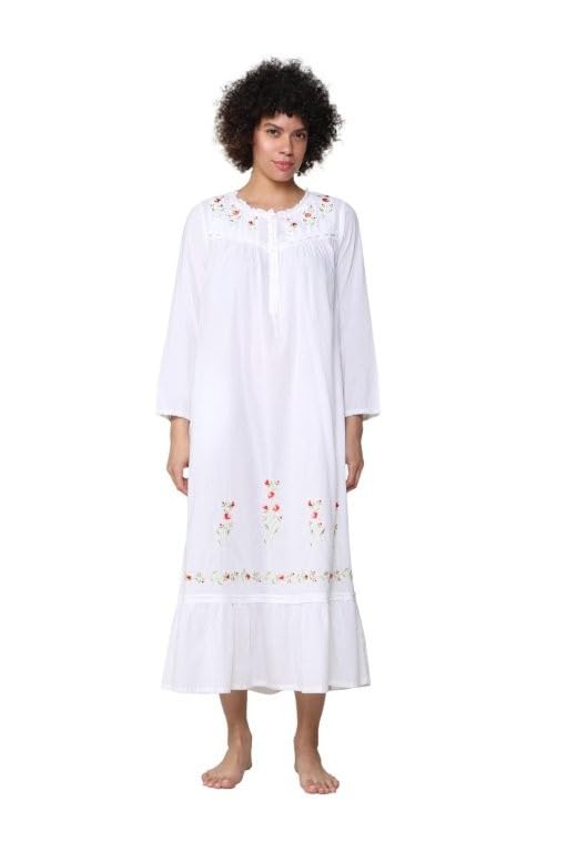 LA CERA Women's 3/4 Sleeve Cotton Nightgown - Soft 100% Cotton Sleepwear with Side Pockets, Rose Embroidery & Ribbon Trim - Perfect for Relaxing at Home, Lounging & Comfortable Sleep