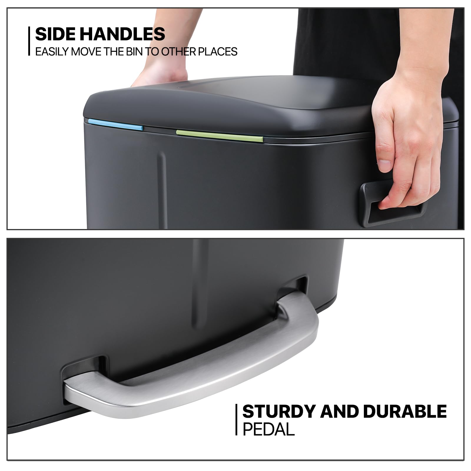 MoNiBloom 40L Dual Compartment Step Trash Can with Soft Close Lid - Fingerprint Proof Foot Pedal & Removable Inner Buckets for Kitchen, Bathroom, Bedroom, Office - Perfect for Waste Sorting & Odor Control in Home & Dorm Rooms