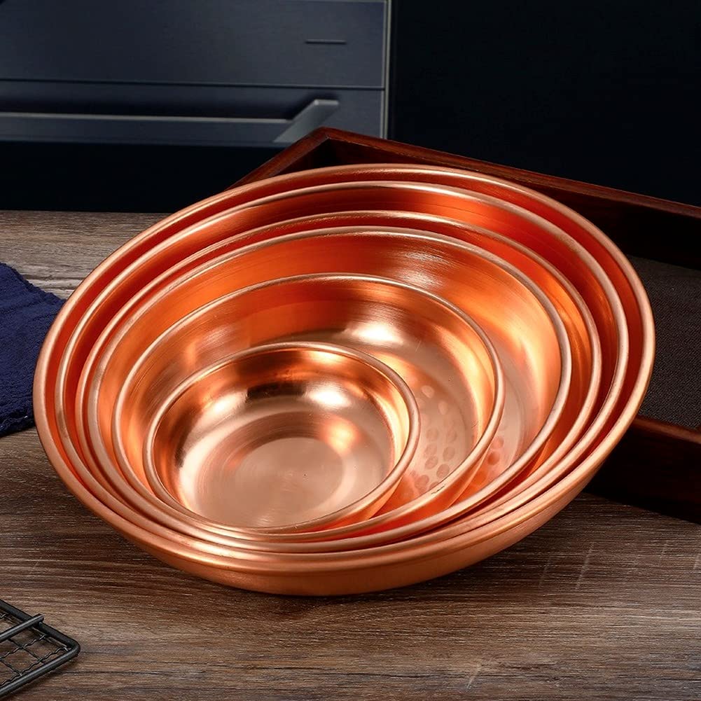 Pure Copper Round Serving Tray - 24cm Dish for Steamed Chicken, Fish, Seafood, Snacks | Elegant Wedding & Household Kitchenware | Rustic Dining & Party Platter