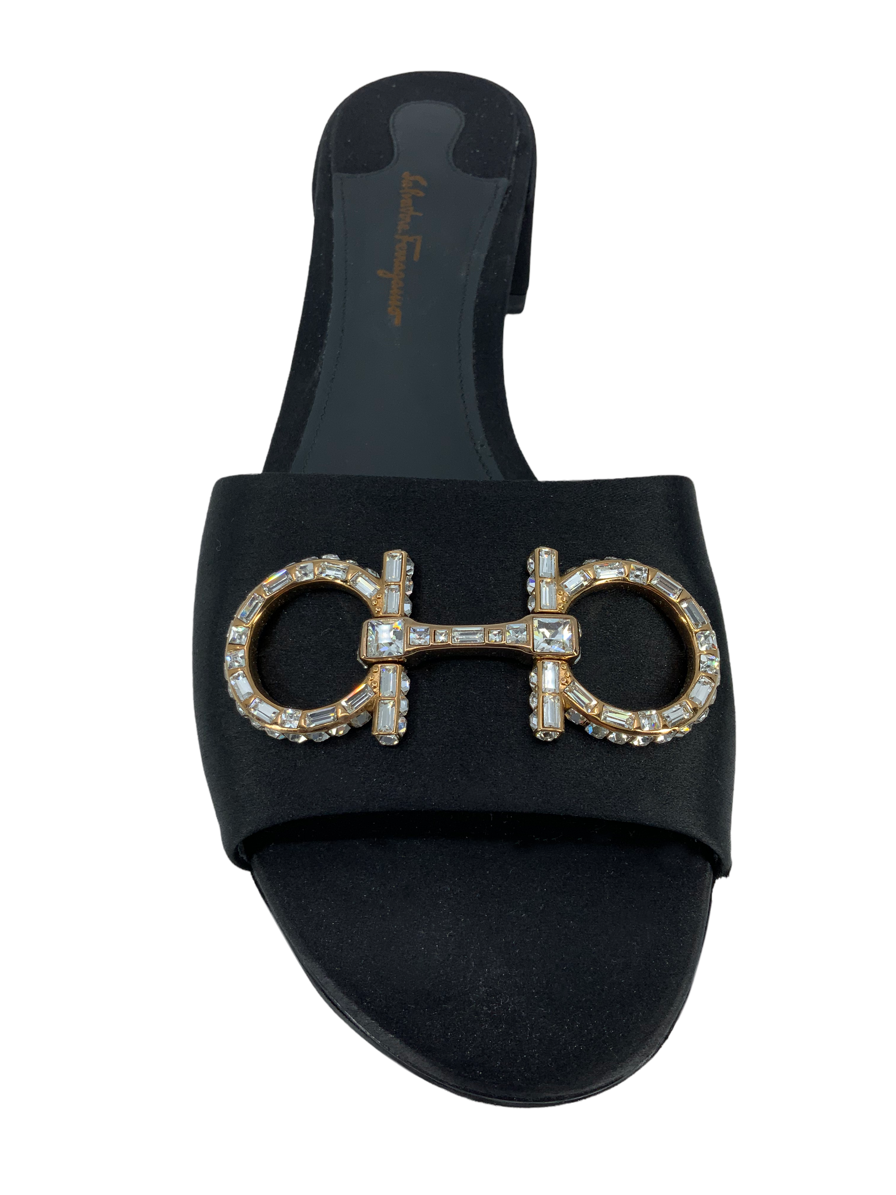 Salvatore Ferragamo Women's Size 10 Satin Slide Sandals with Swarovski Crystals | Luxury Designer Slides for Summer, Beach & Wedding Occasions