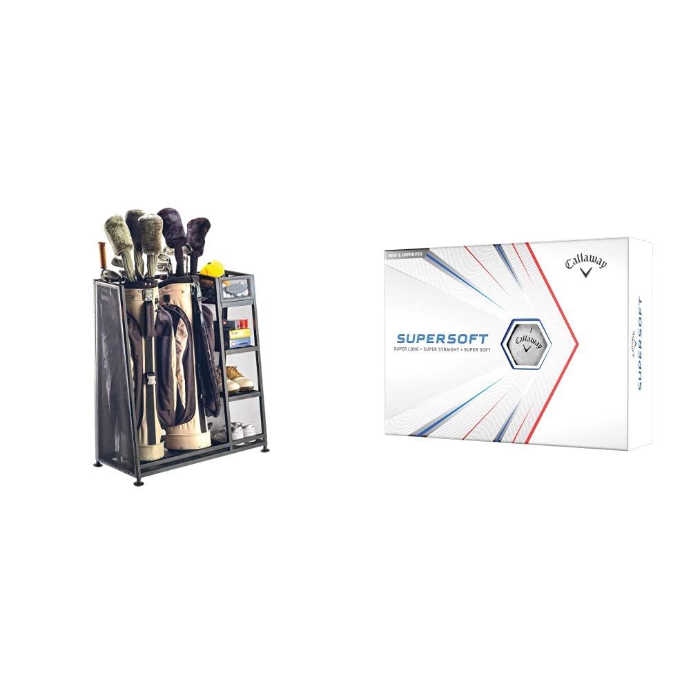 Suncast Golf Bag Garage Organizer Rack - Heavy Duty Golf Equipment Storage System for Bags, Clubs & Accessories - Space Saving Solution for Garage, Shed & Basement - Perfect with Callaway Supersoft Golf Balls | Ideal for Home Golf Storage & Practice Area Organization