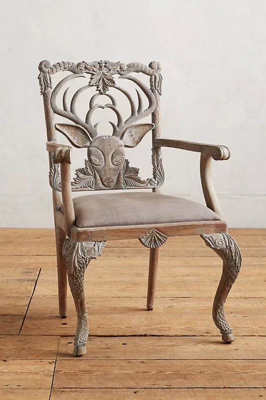 Hand Carved Wooden Deer Armchair - Rustic Whitewash Finish Dining Chair for Farmhouse, Cottage & Cabin Decor - Perfect for Dining Rooms, Living Rooms & Bedrooms