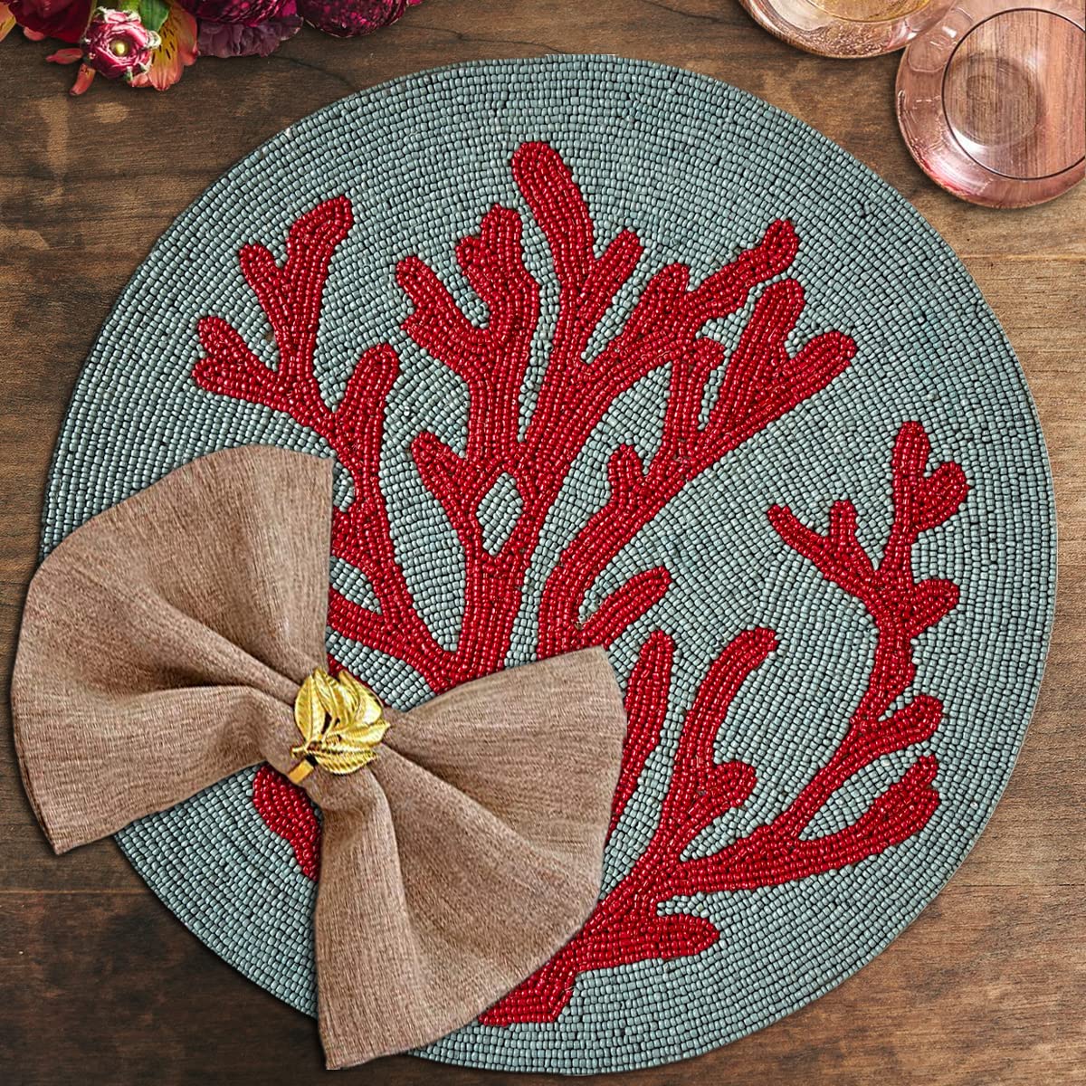 Decozen Round Beaded Placemats Set of 8 - 14 Inch Heat Resistant Charger Plates for Farmhouse Kitchen, Wedding & Valentine's Day Decor - Blue Teal Coral Home Decor | Perfect for Dinner Parties, Holiday Gatherings & Spring Table Settings