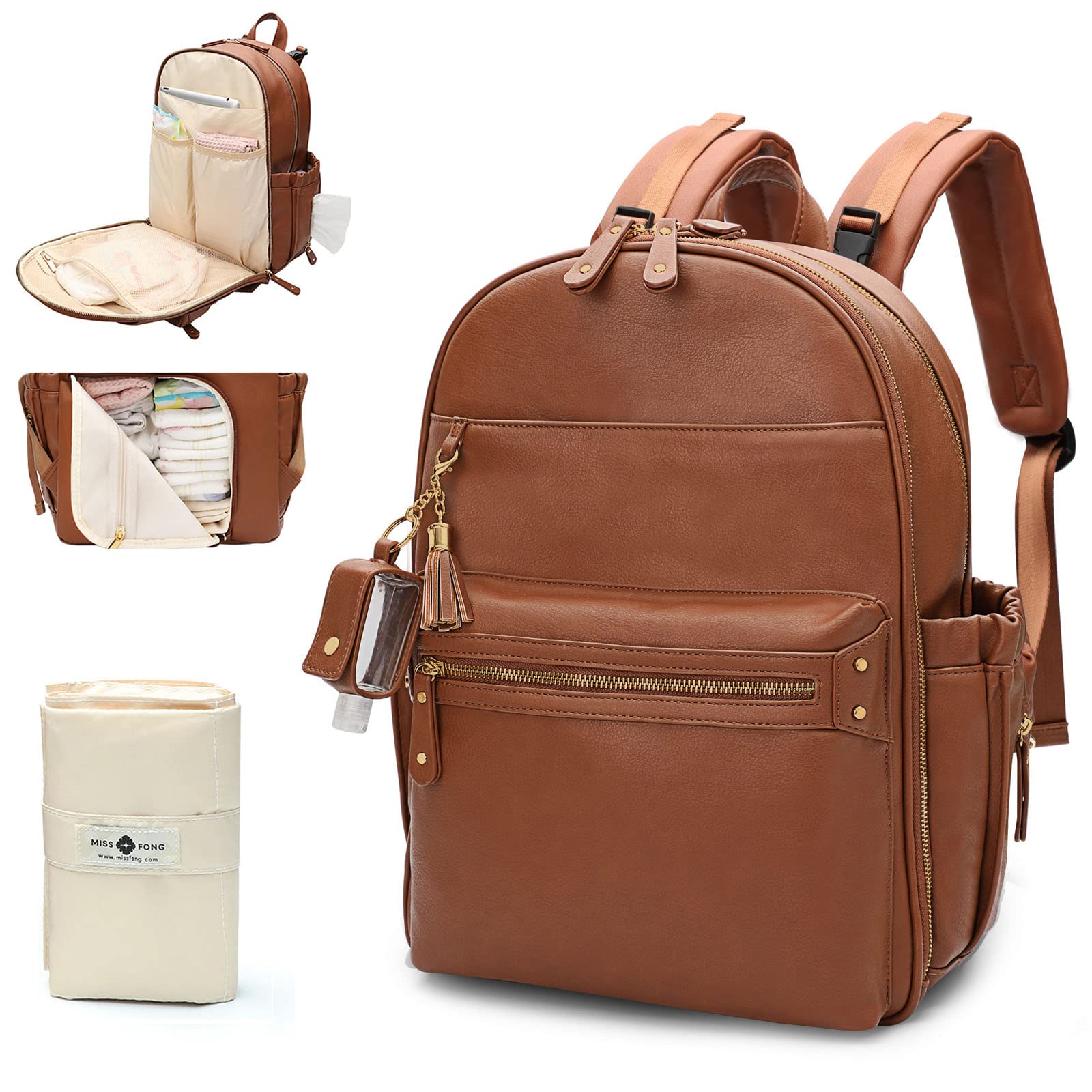 Premium Leather Diaper Backpack for Moms - Large Waterproof Baby Bag with Changing Pad & Stroller Straps | Multi-Functional Travel Backpack for Parenting, Outings & Family Trips (Brown)