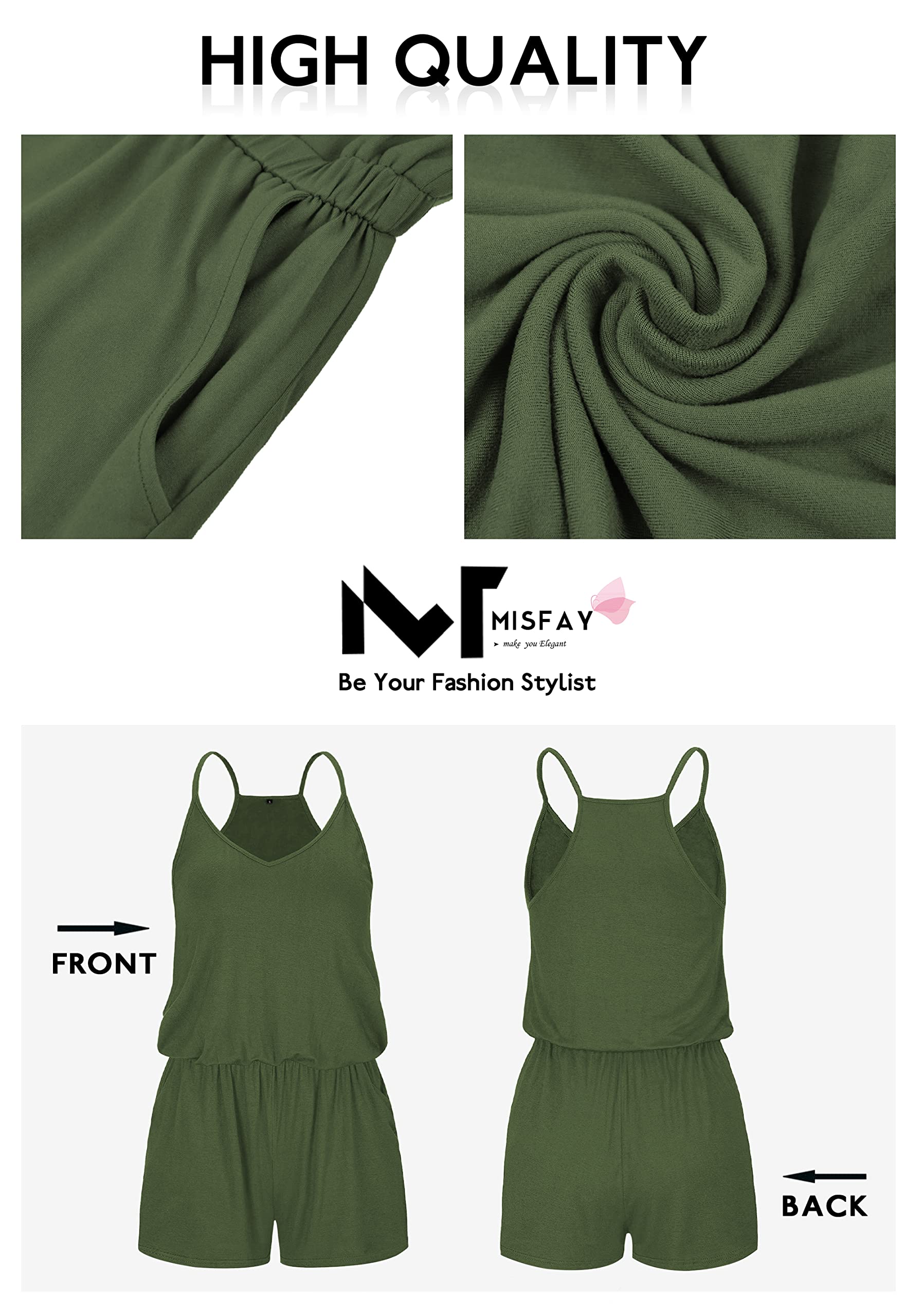 MISFAY Women's Summer Loose V-Neck Spaghetti Strap Short Jumpsuit Romper - Casual Beachwear, Vacation Outfit, Party Dress for Women