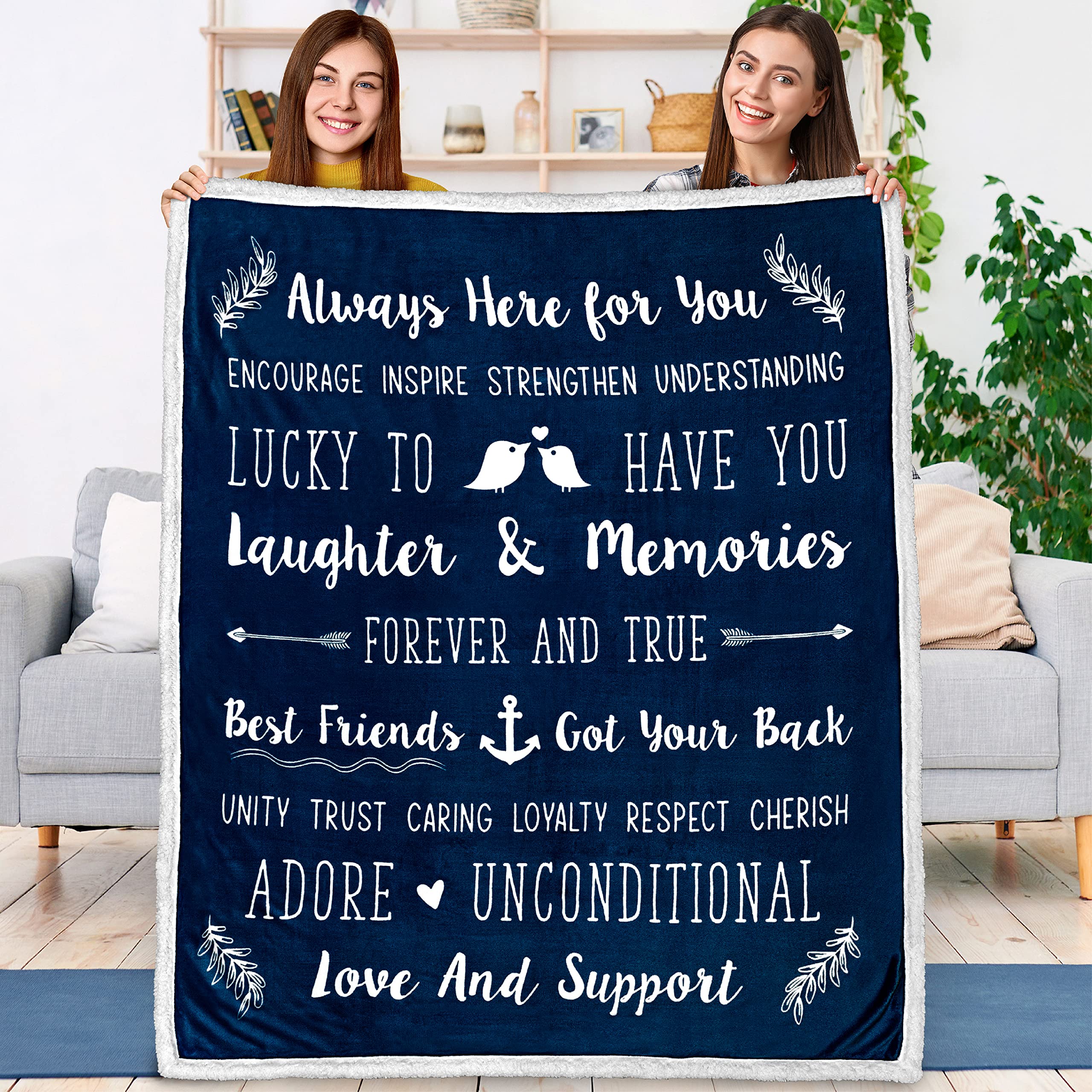 PAVILIA Best Friend Blanket - Soft Cozy Sherpa Throw Blanket with Inspirational Quotes | Thoughtful Friendship Gift for Women, Birthday Present for Bestie or Soul Sister | Perfect for Long Distance Friends, Movie Nights & Cozy Home Decor (Navy Blue)