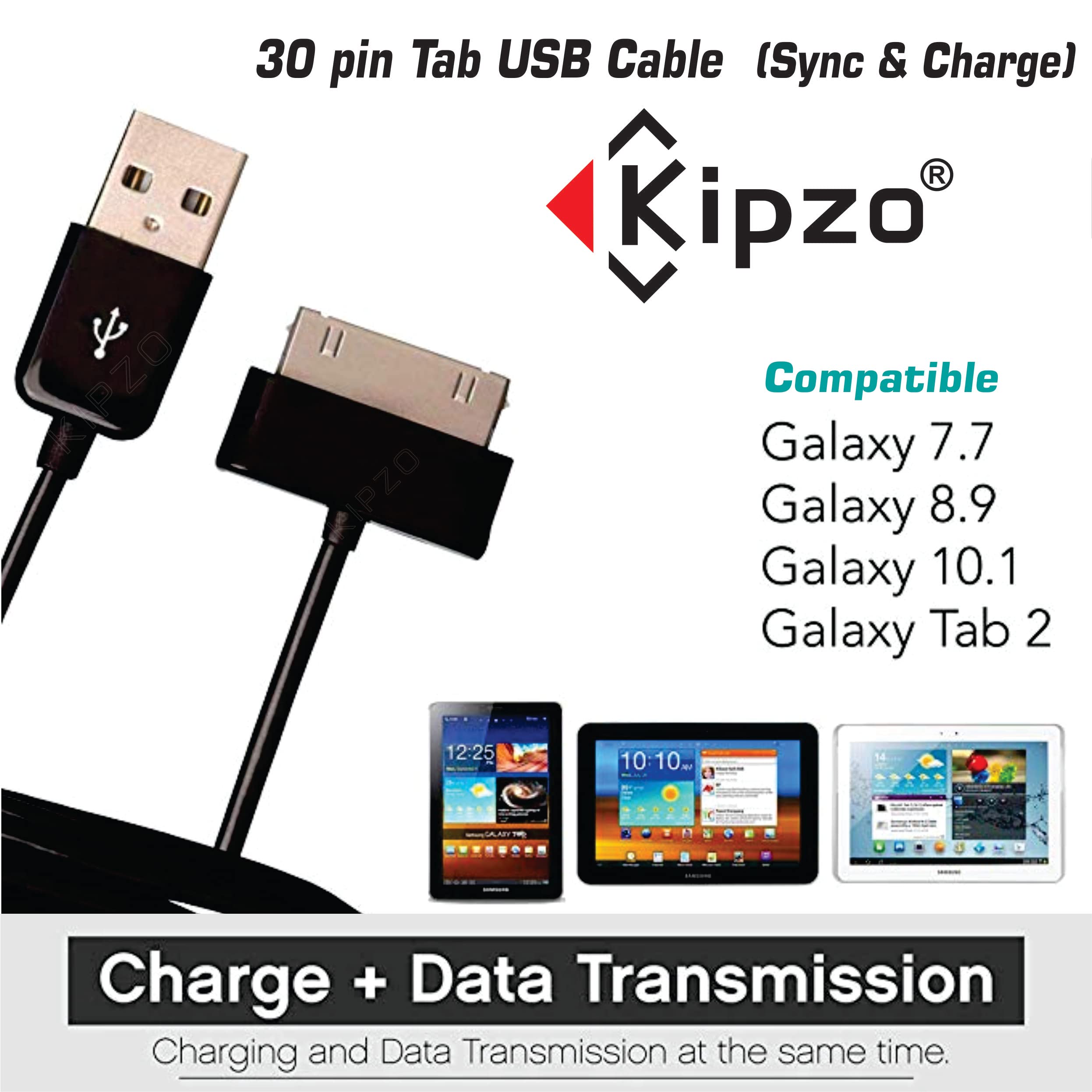 KIPZO USB to 30 Pin Fast Charging & Data Sync Cable for Samsung Galaxy Tab 2 10.1 (P5110/P5100/P3100), Tab 7.1, Note 10.1 (N8000/P7500/P7510) - High Speed Charger Cord for Home, Office & Travel - Black