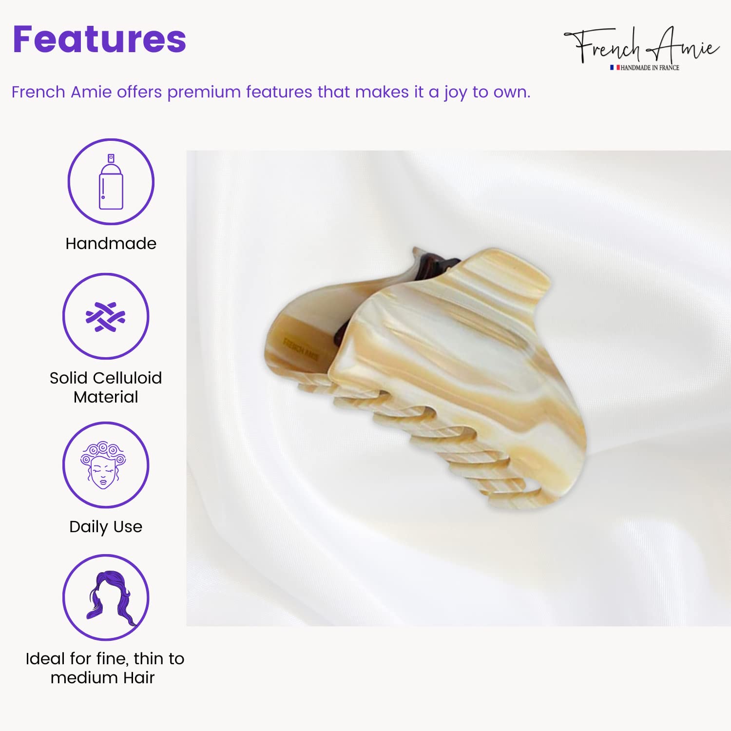 French Amie Marble Hair Claw Clip - Ivory Handmade for Women & Girls - Indoor & Outdoor Styling