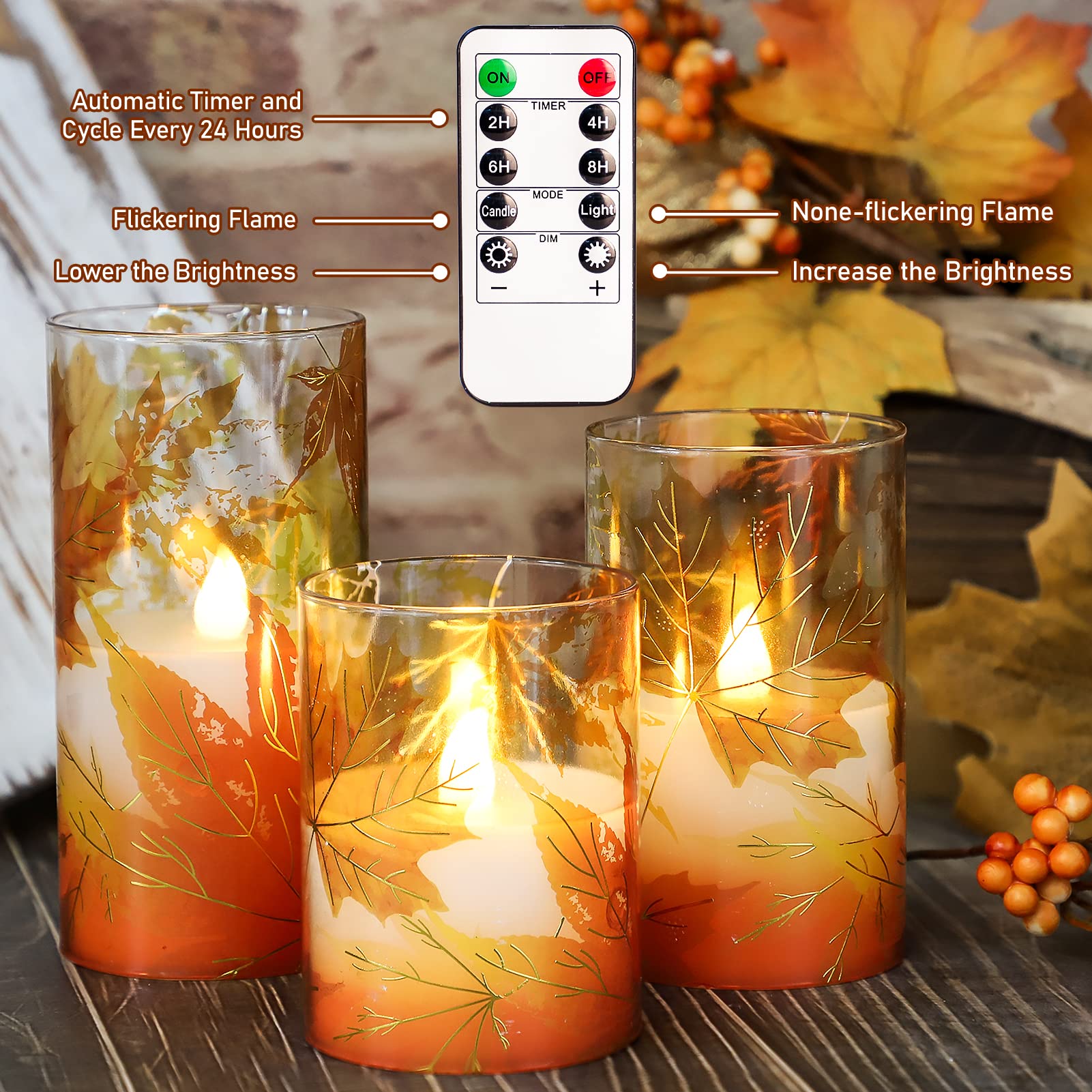 Realistic Flameless LED Candles with Remote & Timer - Battery Operated Maple Leaf Glass Pillar Candles for Fall Decor, Thanksgiving, Halloween - Perfect for Home, Dining Table, Fireplace & Seasonal Centerpieces
