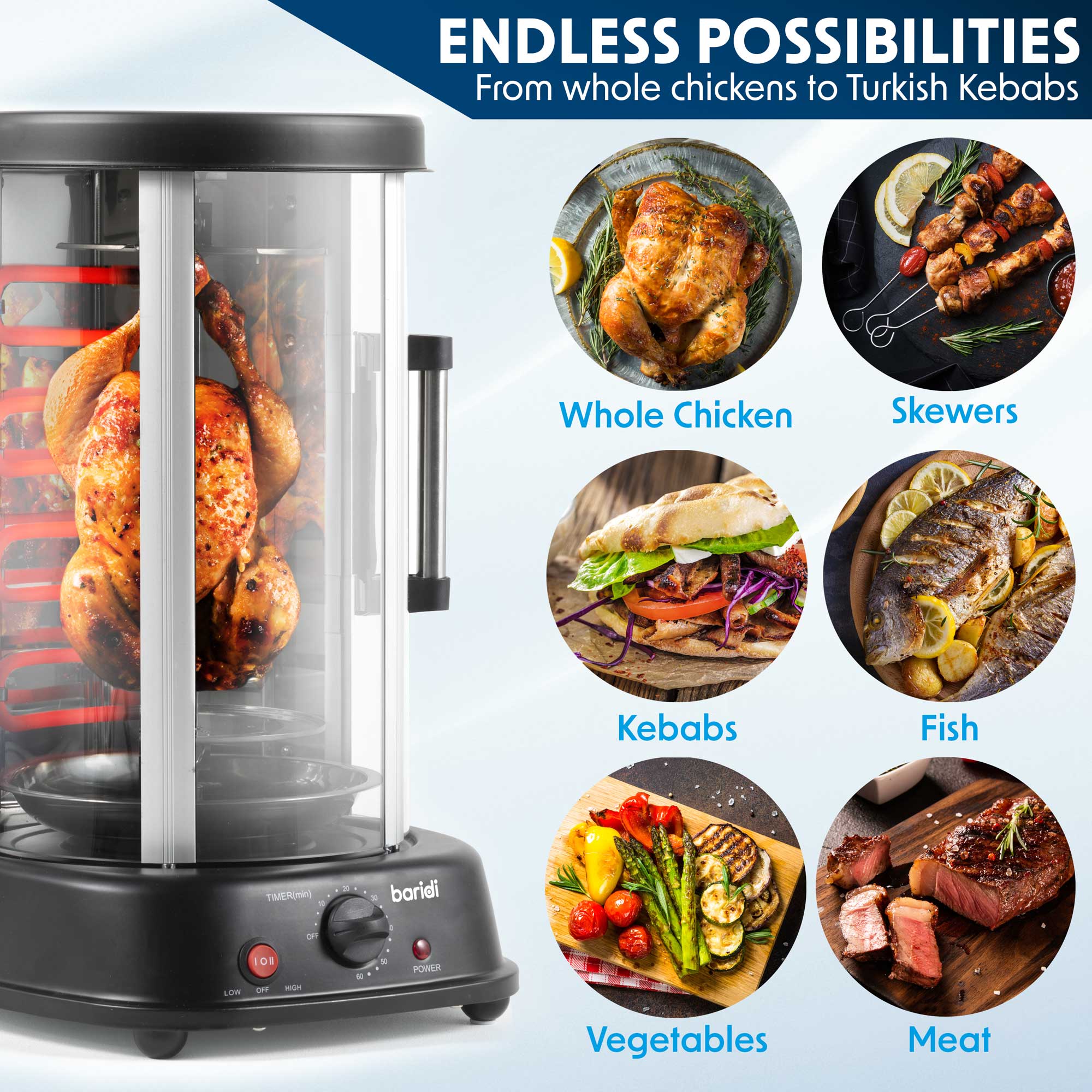 Baridi Vertical Rotisserie Grill - 1500W Electric Rotisserie Oven for Kebabs, Gyros, Skewers & Roasts - 21L Capacity, Black (Model DH216) - Perfect for Home Cooking, BBQs, Parties & Outdoor Gatherings