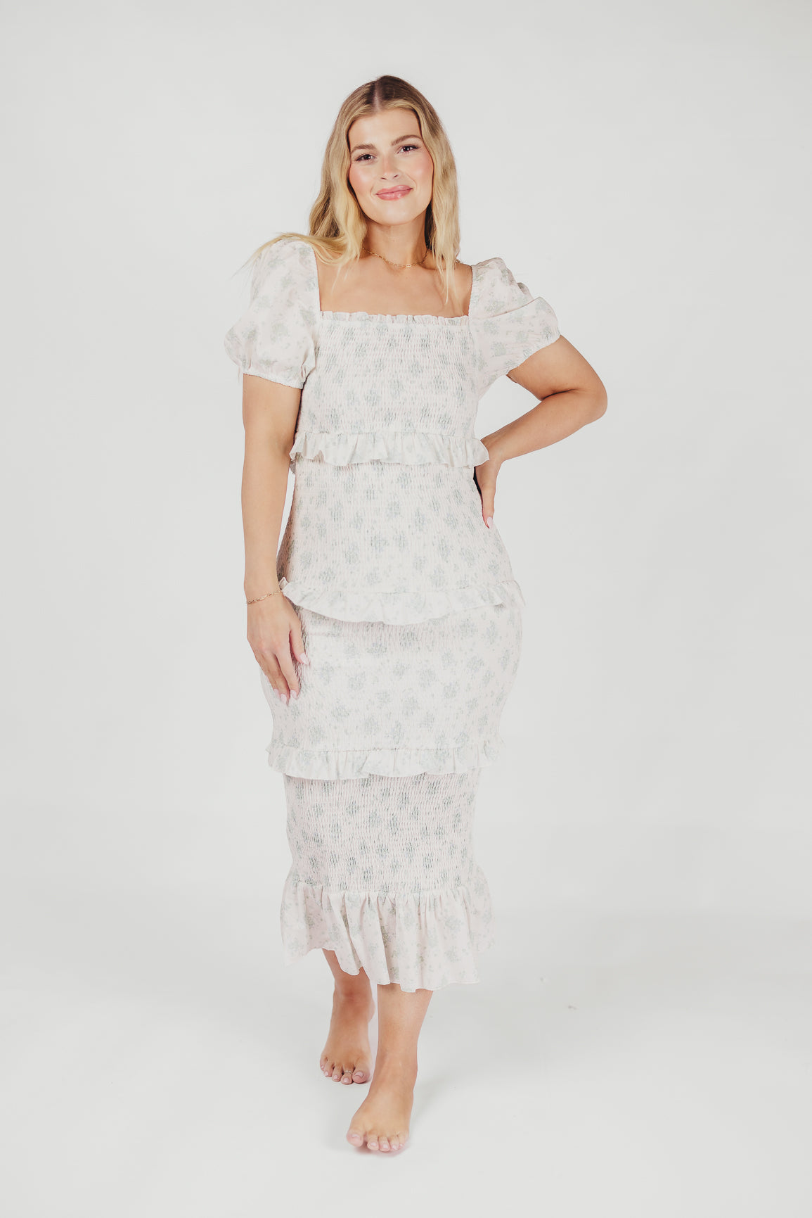Ada Smocked Dress in Blue Floral - Bump Friendly Maternity Dress with Inclusive Sizing (S-3XL) | Perfect for Baby Showers, Bridal Events & Summer Weddings