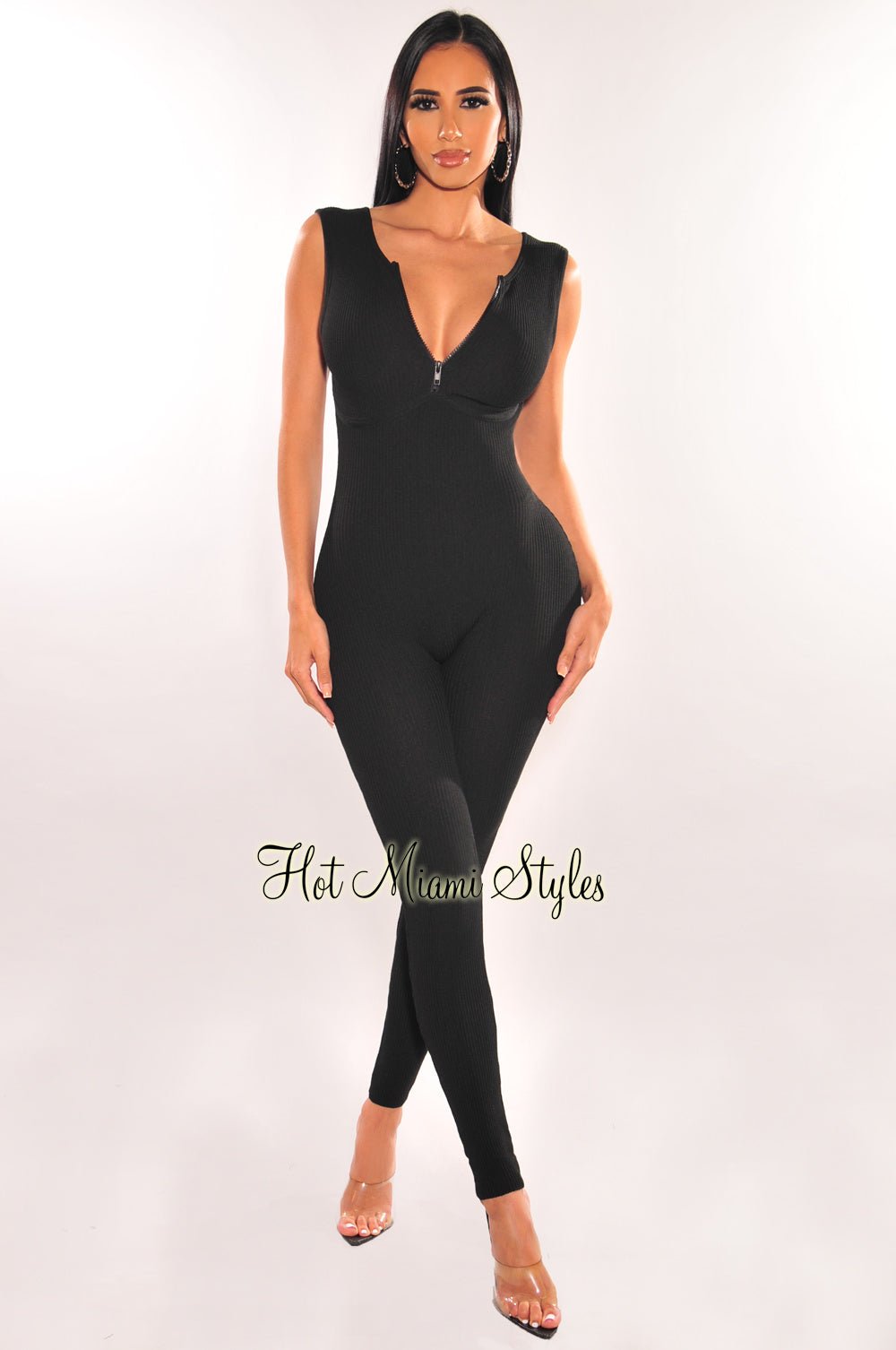Black Ribbed Knit Sleeveless Zipper Jumpsuit for Women - Stylish Casual Romper with Front Zipper - Perfect for Summer Outfits, Beachwear, and Night Out