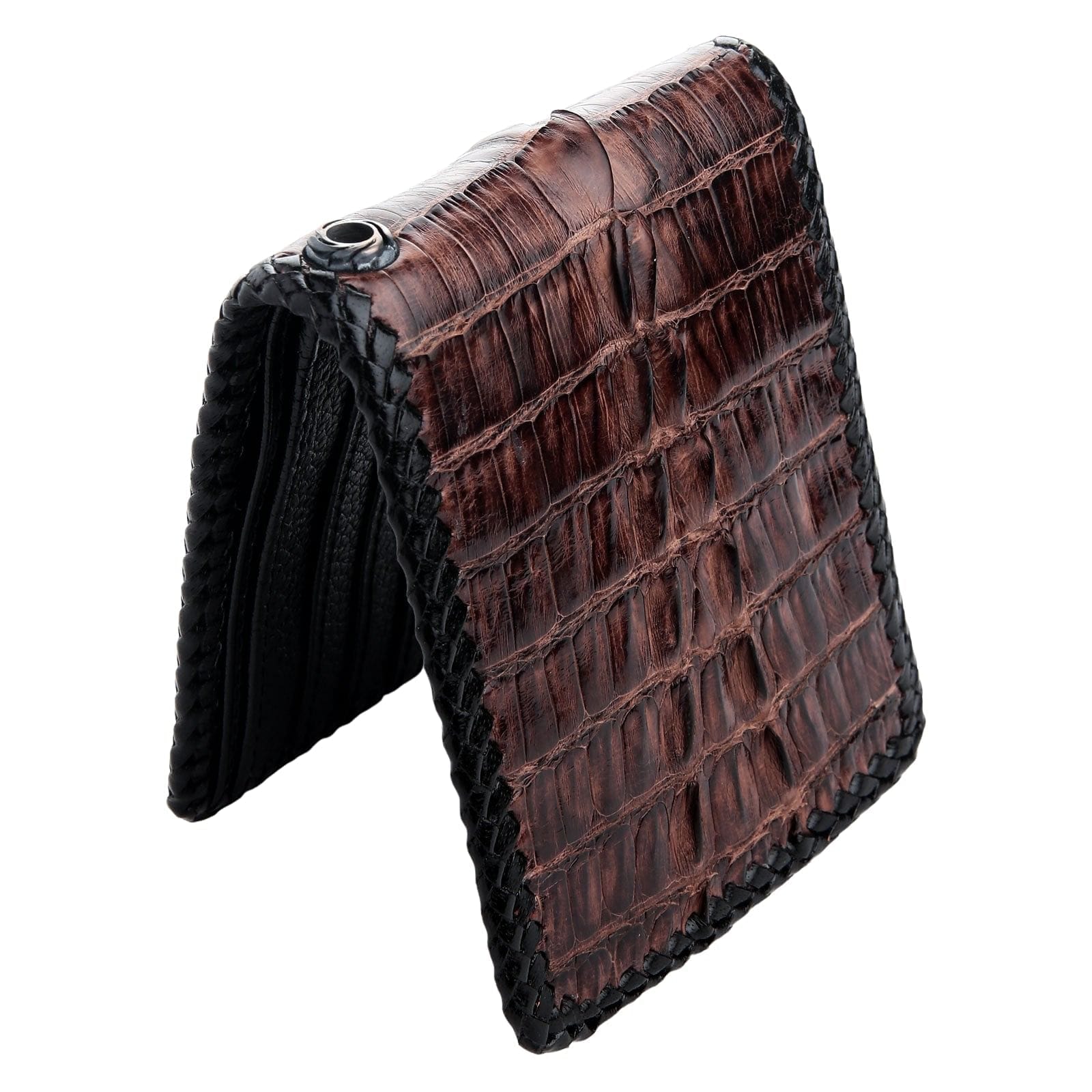 Premium Dark Brown Crocodile Leather Bifold Wallet for Men - Slim RFID Blocking Biker Wallet - Perfect for Motorcycle Riders, Travel & Everyday Carry