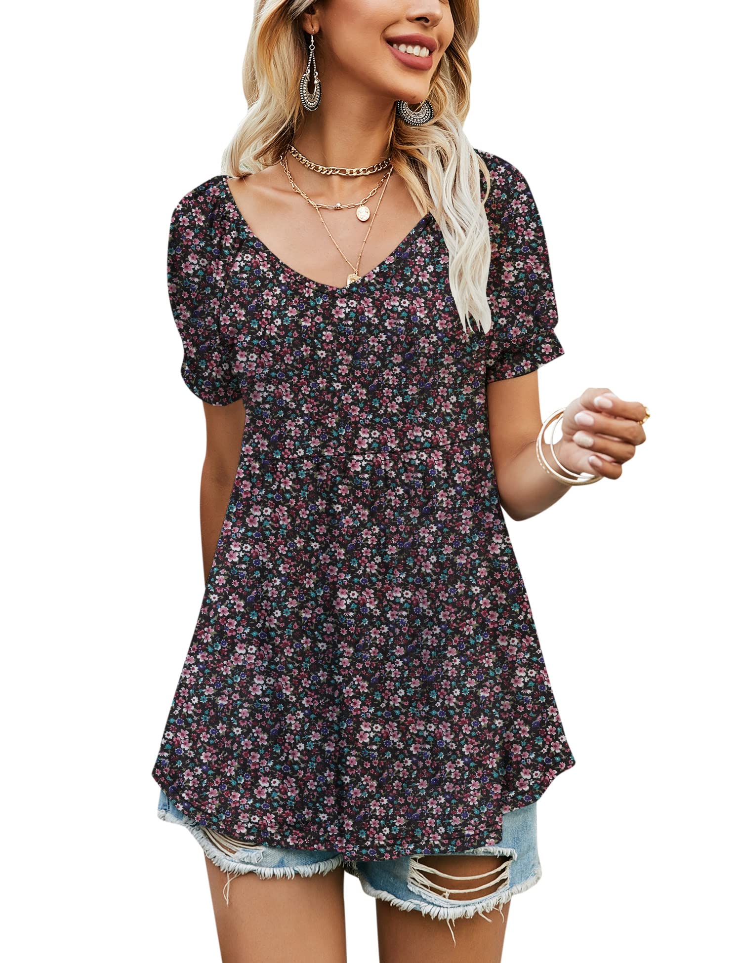 LOMON Women's Casual Puff Sleeve V-Neck Tunic Blouse - Pleated Flare T-Shirt with Smocked Cuffs (Sizes S-XXL) | Perfect for Office Wear, Date Nights & Spring Outfits