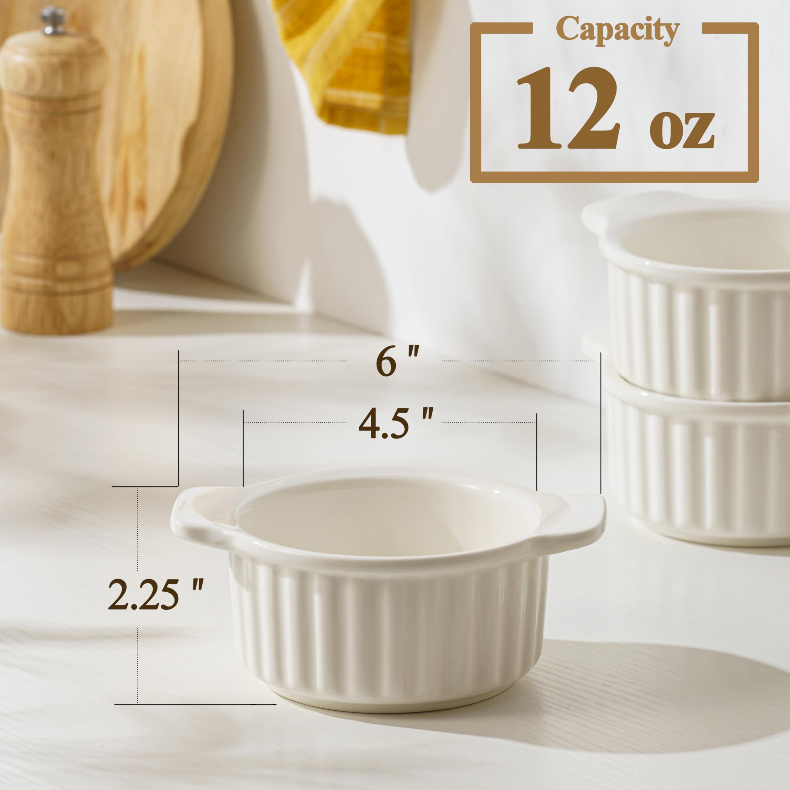 12 Oz French Onion Soup Bowls with Handles - Set of 6 Oven-Safe Ramekins for Beef Stew, Chili, Cereal & Dessert | Perfect for Baking, Serving & Entertaining