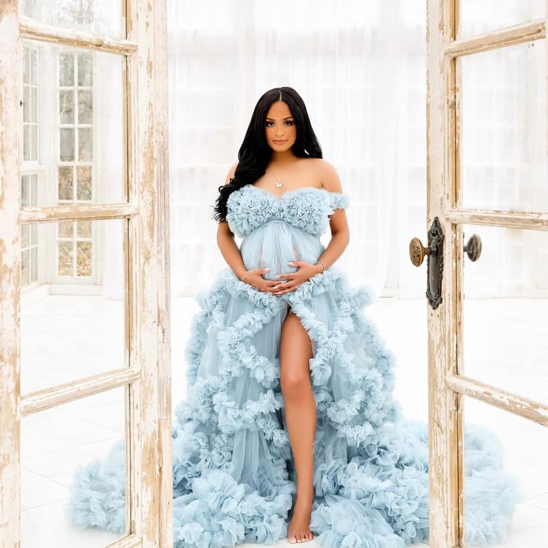 Puffy Tulle Maternity Robe - Ruffled V-Neck Bridal Lingerie & Bathrobe for Baby Shower, Photoshoot, Honeymoon & Spa Day