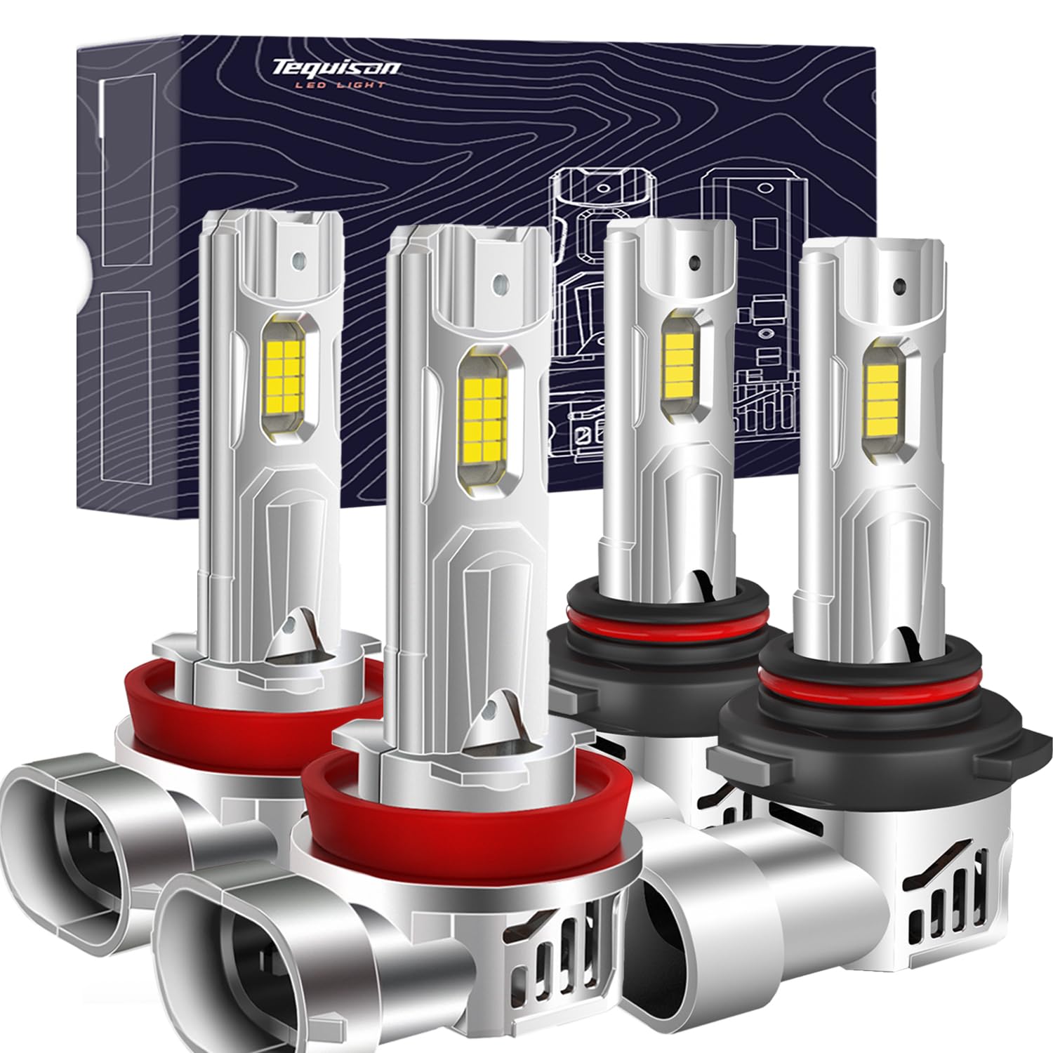 Tequison 9005 H11 LED Bulbs Combo - 44000LM Ultra Bright HB3 H8 H9 Headlight Bulbs, 6500K Cool White, Plug & Play, Pack of 4 - Perfect for Night Driving, Off-Roading & Automotive Upgrades