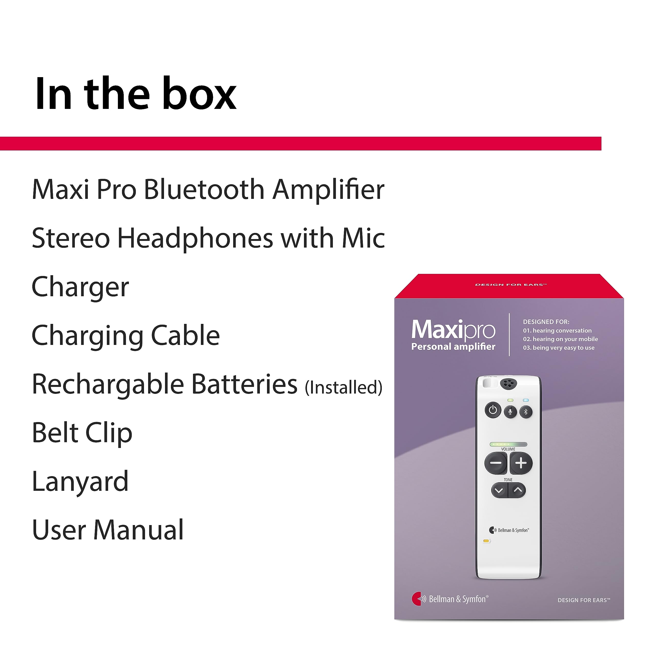 Bellman & Symfon Maxi Pro Bluetooth Hearing Amplifier with Wireless Headphones - Rechargeable Digital Hearing Aid for Seniors - Wireless Phone Connectivity - Perfect for TV Watching, Conversations & Outdoor Activities