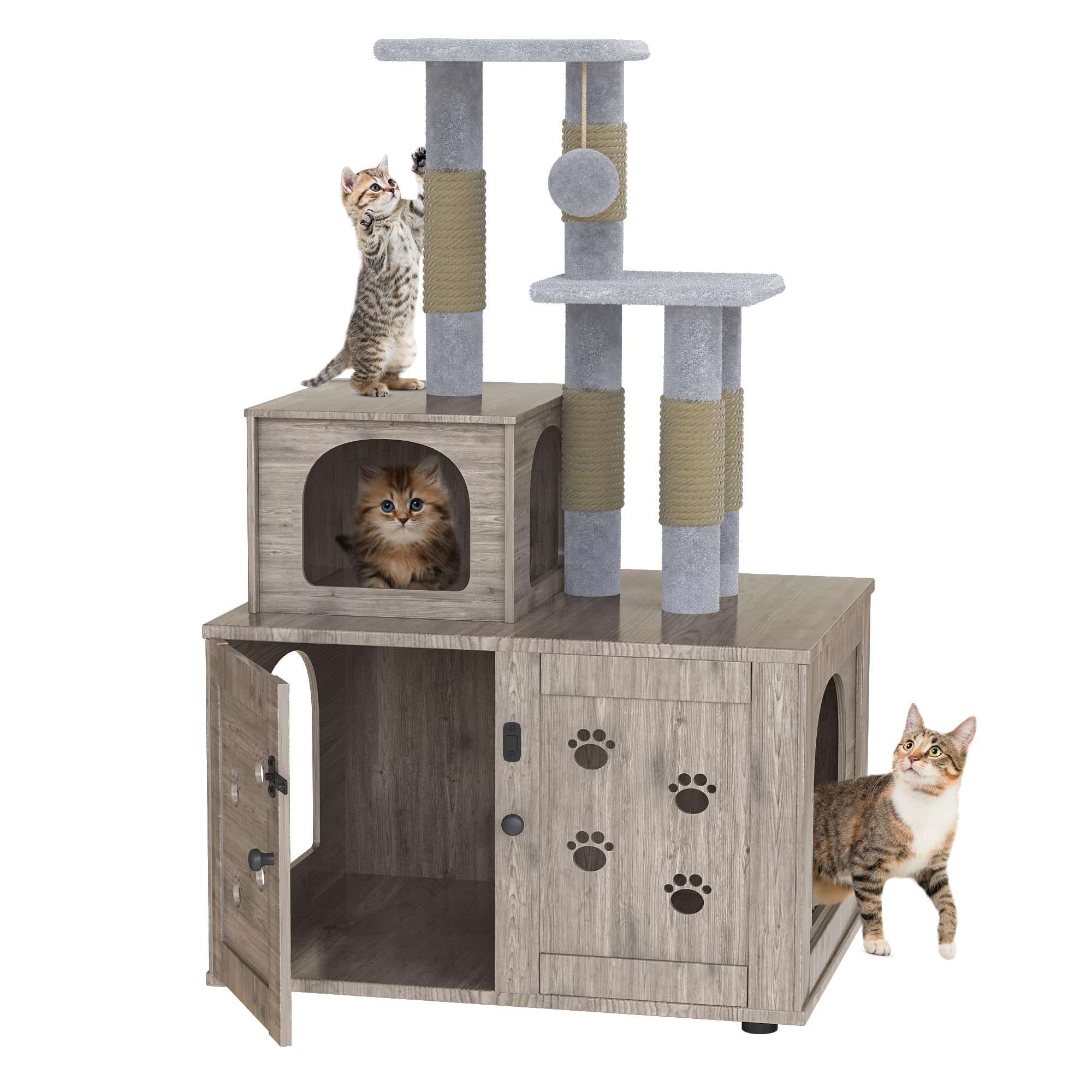 Recaceik Wooden Cat Litter Box Enclosure with Cat Tree & Scratching Post - Hidden Cat Washroom Furniture with Divider, Soft Plush Perch & Platform - Indoor Pet Cabinet for Small Spaces (Gray) - Perfect for Apartments & Multi-Cat Homes