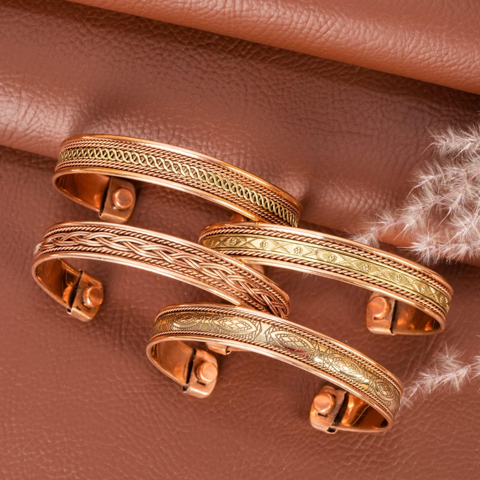 Handmade Pure Copper Tibetan Bracelets Set of 4 - Adjustable Kada Cuff Bangles for Men & Women | Spiritual Jewelry from India | Perfect for Meditation, Yoga & Boho Fashion