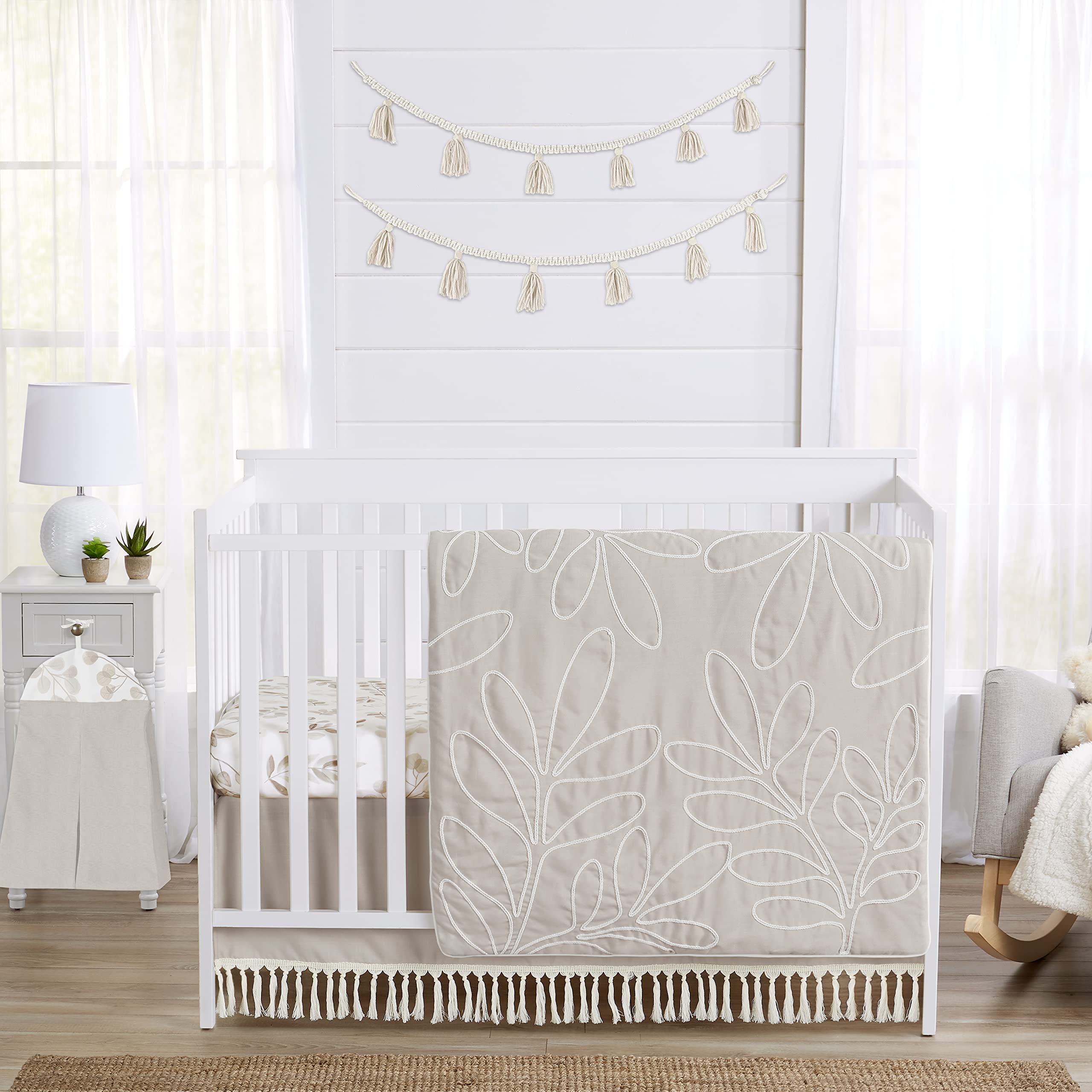 Sweet Jojo Designs 4-Piece Baby Crib Bedding Set - Woodland Boho Leaf Nursery Decor for Girls & Infants | Includes Blanket, Fitted Sheet, Skirt & Diaper Stacker | Neutral Taupe Linen Botanical Floral Farmhouse Style | Perfect for Nursery, Baby Shower & Gender-Neutral Room Decor