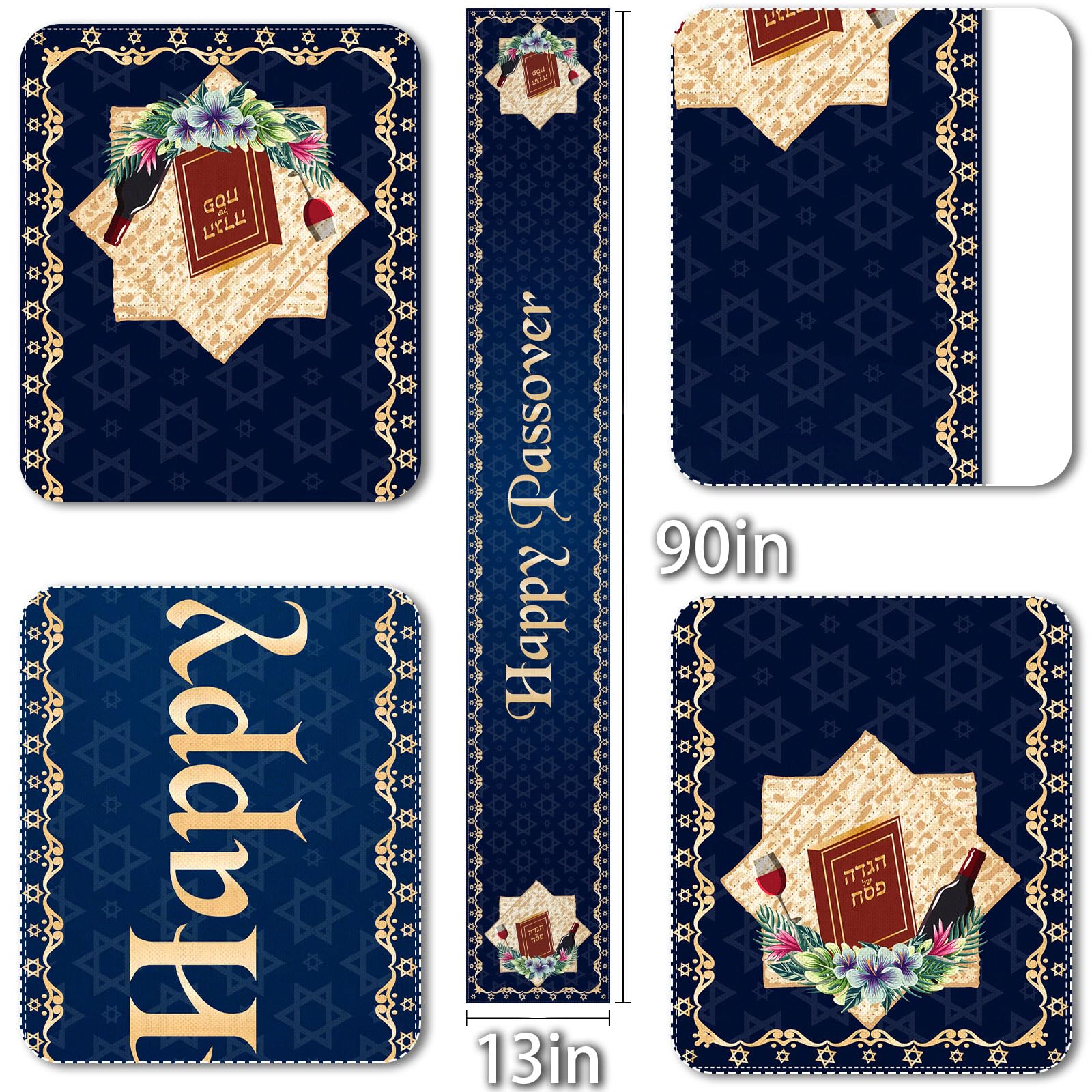 Happy Passover Pesach Star of David 13 x 90 Inch Table Runner for Jewish Festival, Holiday Party, and Home Kitchen Dining Room Decor