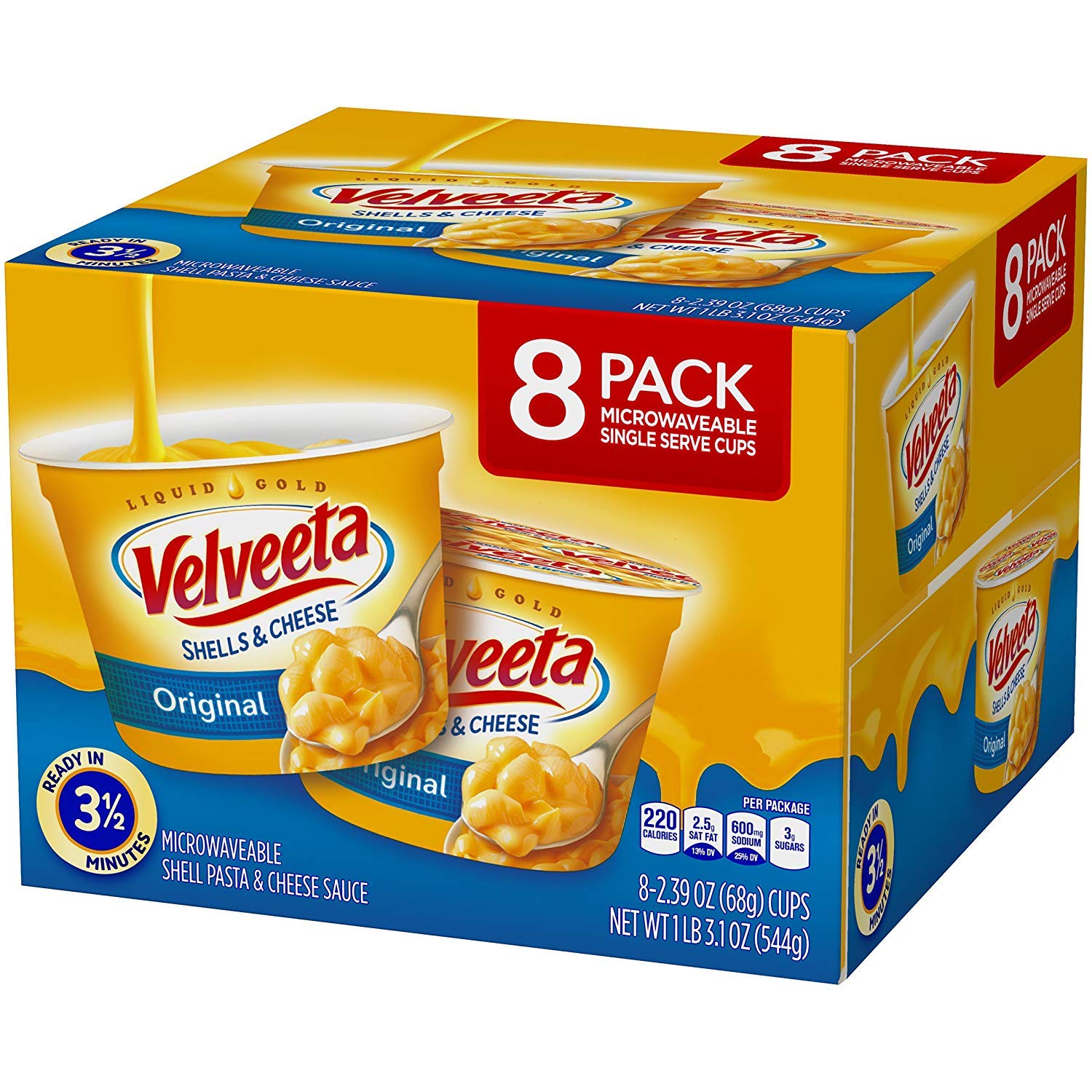 Velveeta Shells & Cheese Pasta - Original Flavor Microwave Cups (8 Count, 2 Pack) | Quick & Easy Single-Serve Meal for Office Lunch, College Dorm Snacks & Busy Weeknights