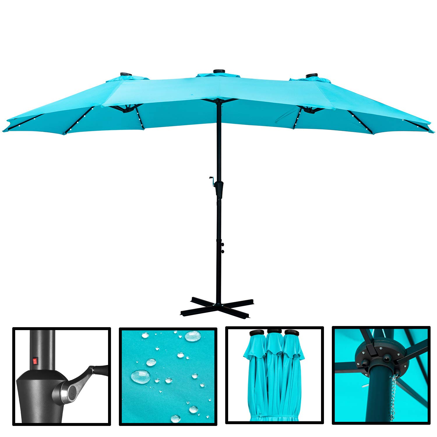 15ft Solar LED Patio Umbrella with Double-Sided Canopy - Extra Large Outdoor Garden Umbrella for Poolside, Backyard, and Patio Relaxation