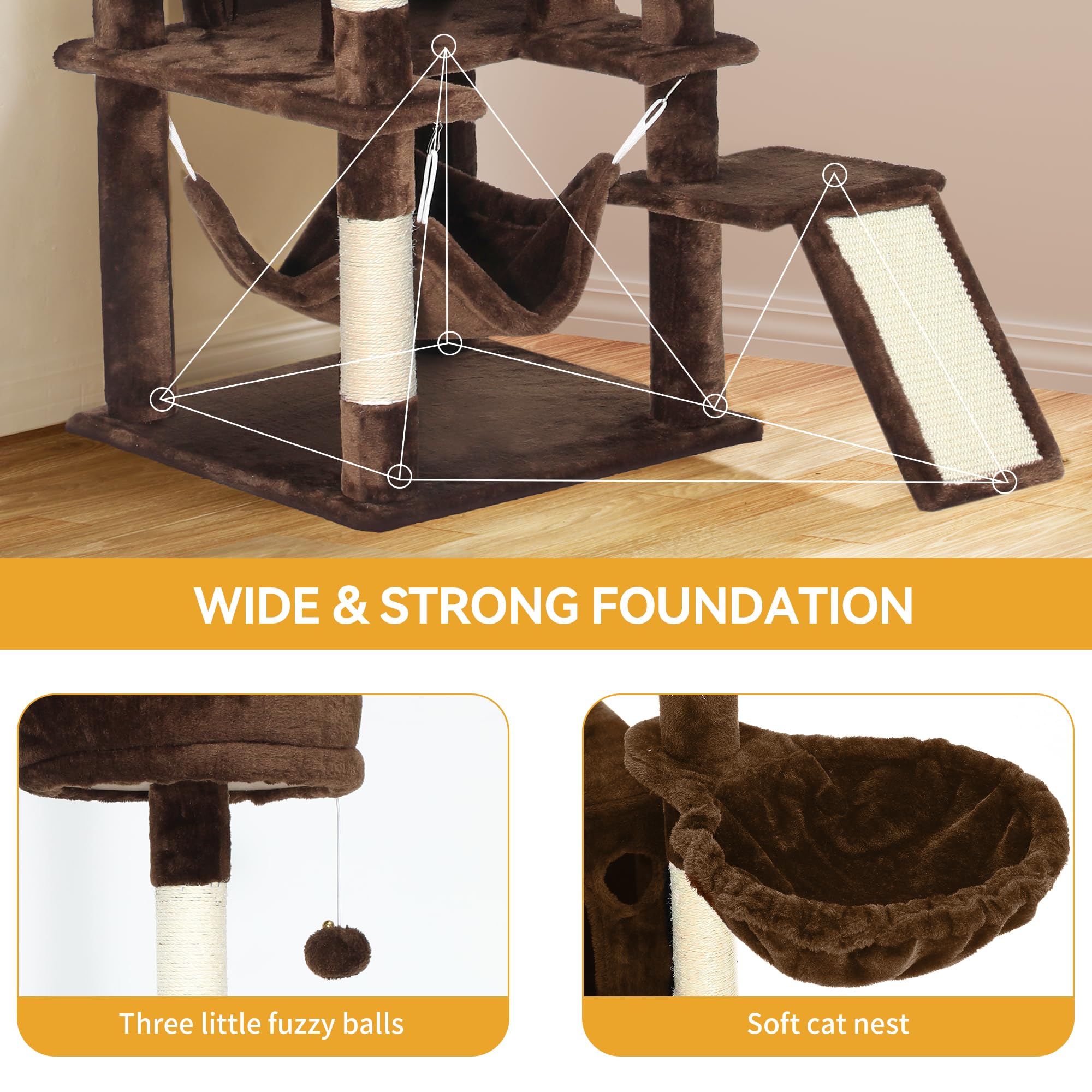 YITAHOME 75-Inch Multi-Level Cat Tower for Large Indoor Cats - Tall Cat Tree with Condos, Perches, Sisal Scratching Posts, Cozy Basket & Hammocks - Durable Pet Activity Structure for Play & Rest (Brown) - Perfect for Living Rooms, Bedrooms & Home Offices
