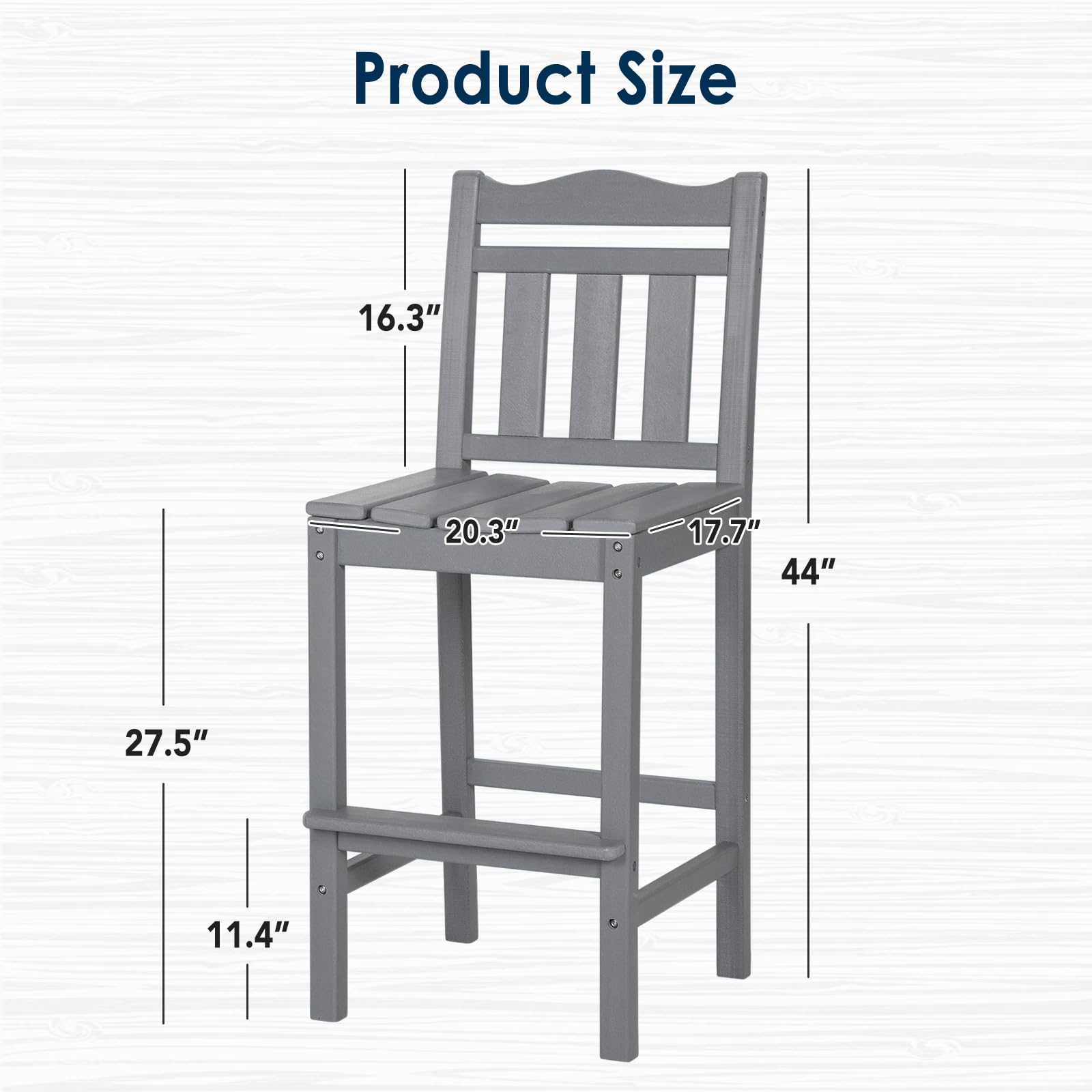 Nalone Outdoor Bar Stools Set of 2 - Weather-Resistant HDPE Adirondack Bar Height Chairs for Patio, Deck, Poolside & Backyard - Grey Bar Stools for Outdoor Dining & Entertaining