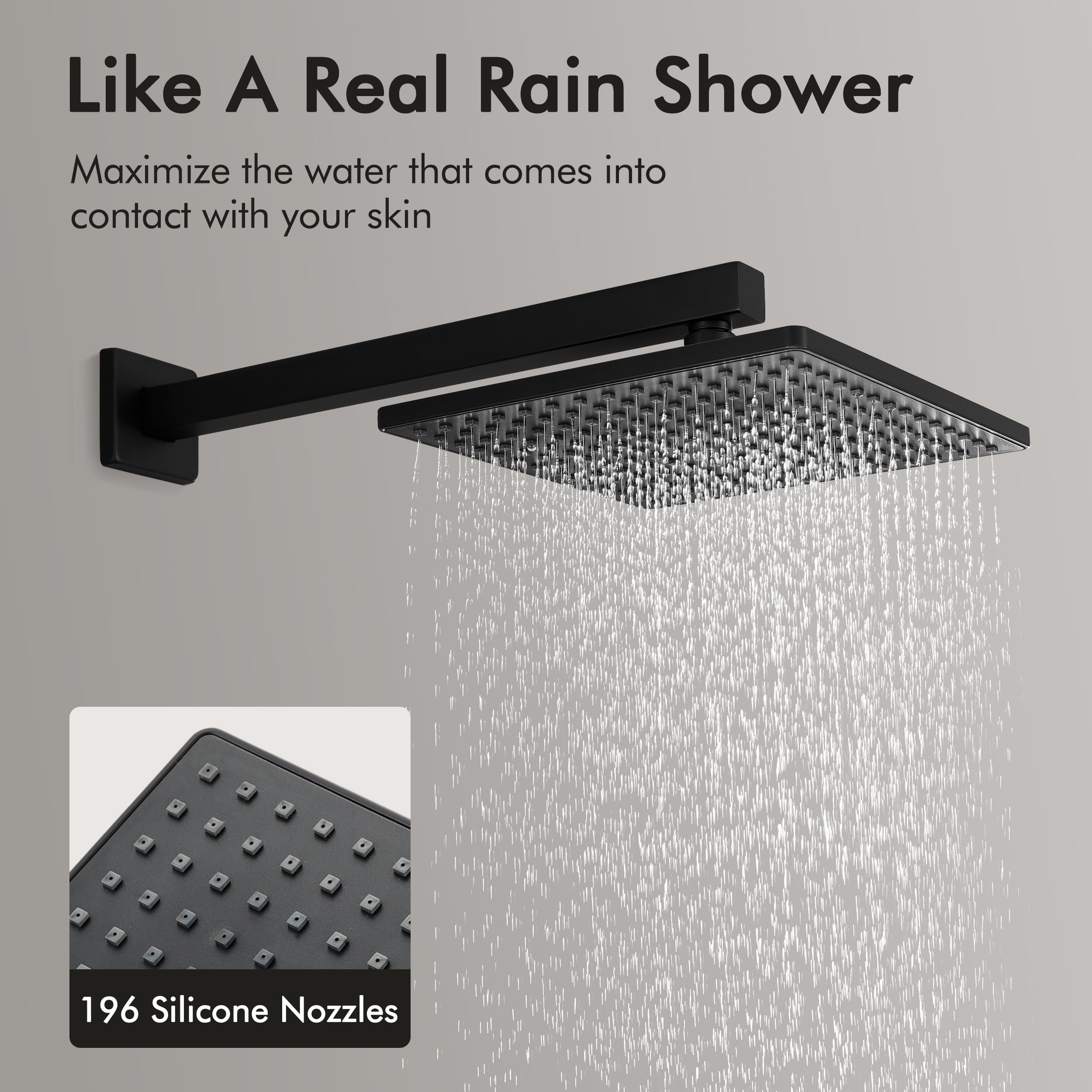 KES Matte Black Square Rainfall Shower Head System - High Pressure All Metal Shower Faucet with Rough-in Valve Body & Trim (XB6210-BK) - Perfect for Luxurious Bathroom Upgrades and Spa-Like Shower Experience