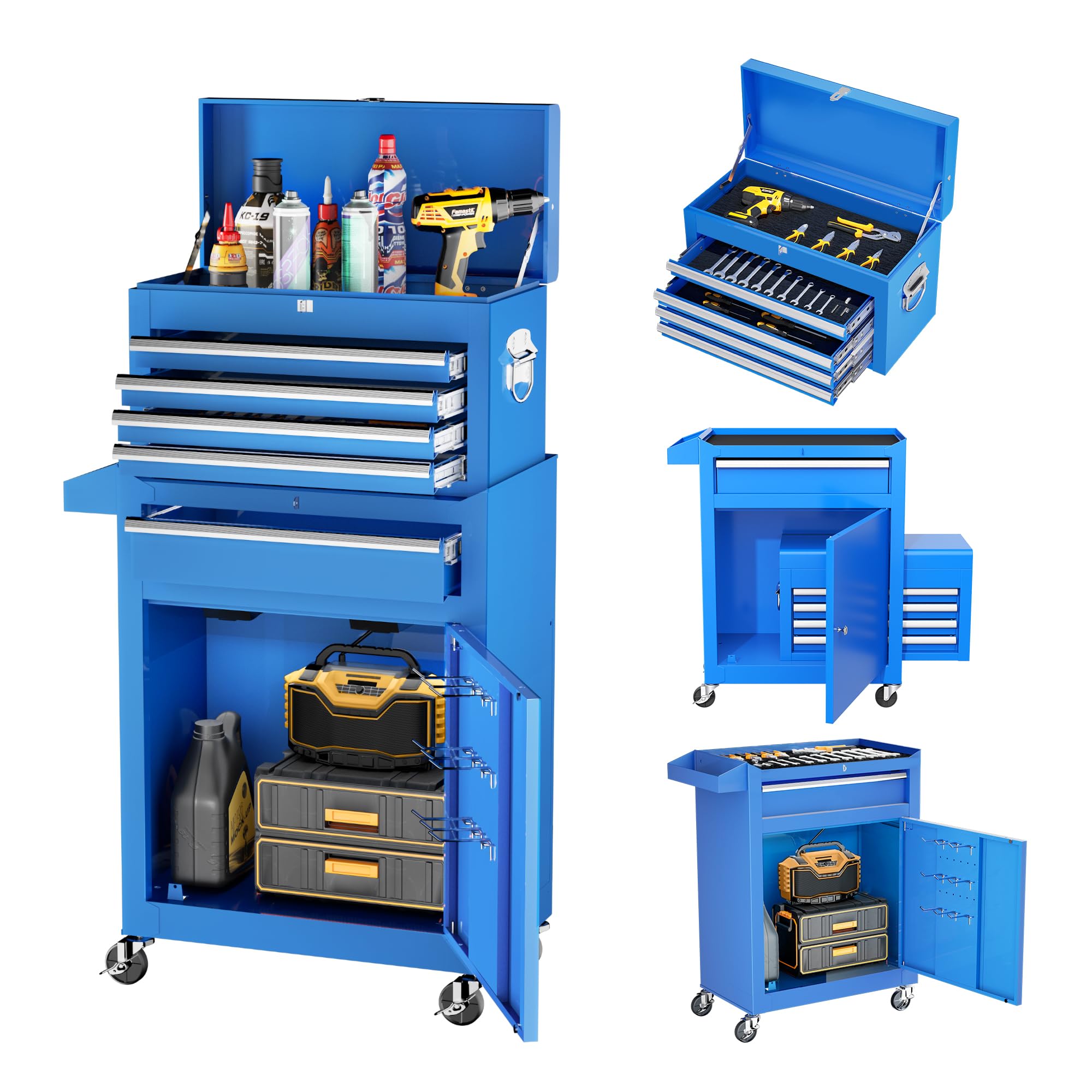 Greenvelly 5-Drawer Rolling Metal Tool Chest with Wheels, 2-in-1 Detachable Tool Cabinet, Locking System & Liners - Heavy Duty Garage Storage for Workshop, Warehouse, Barber Shop (Blue) - Perfect for Mechanics, DIY Enthusiasts & Professional Tradesmen
