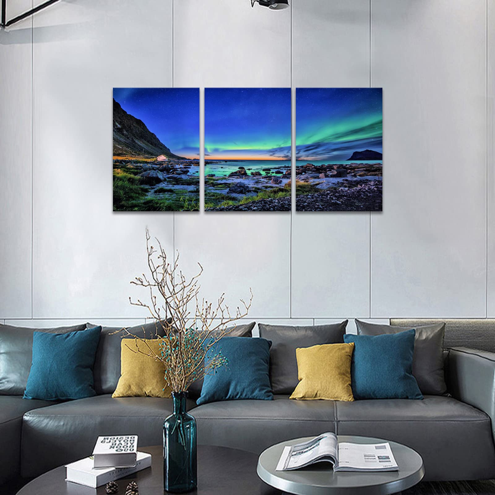 KAWAHONE Northern Lights Canvas Wall Art - Aurora Reef Mountain Landscape Framed Poster (12