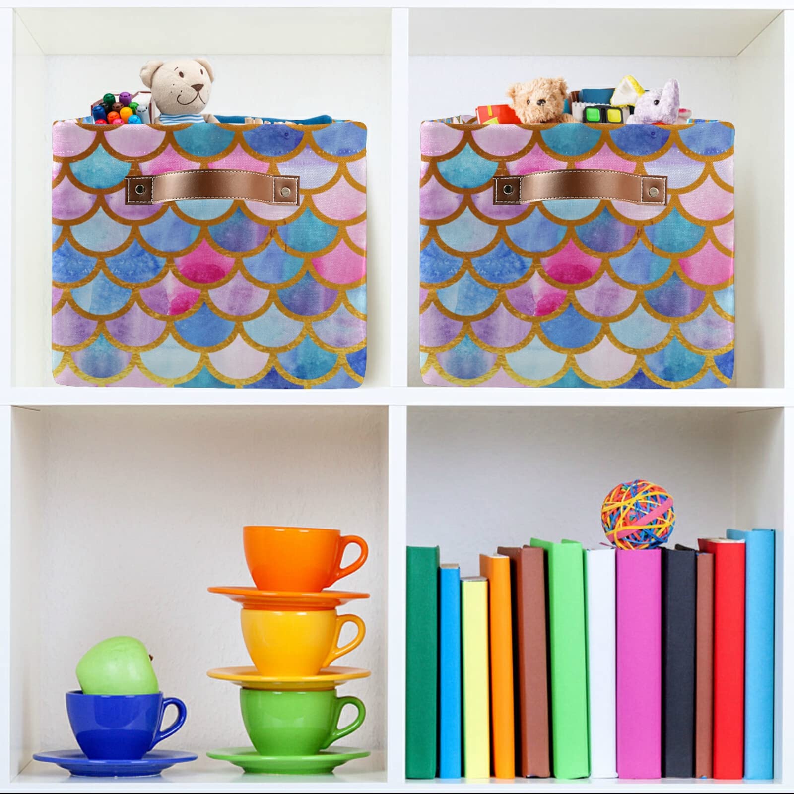Rectangular Storage Basket with Leather Handles - Collapsible Mermaid Scale Design Organizer Bin for Office, Bedroom, Closet | Space-Saving Home & Office Storage Solution