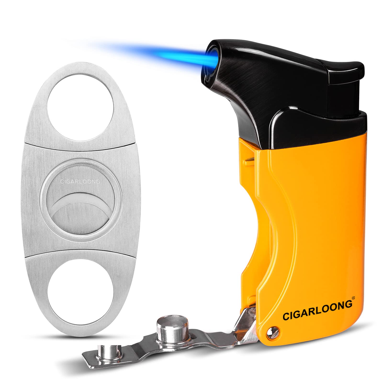 Premium Cigar Cutter & Butane Lighter Set - Sharp Stainless Steel Blade, Refillable Torch Lighter with Punch Tool (Yellow) - Perfect for Cigar Aficionados, Outdoor Smoking & Gifts