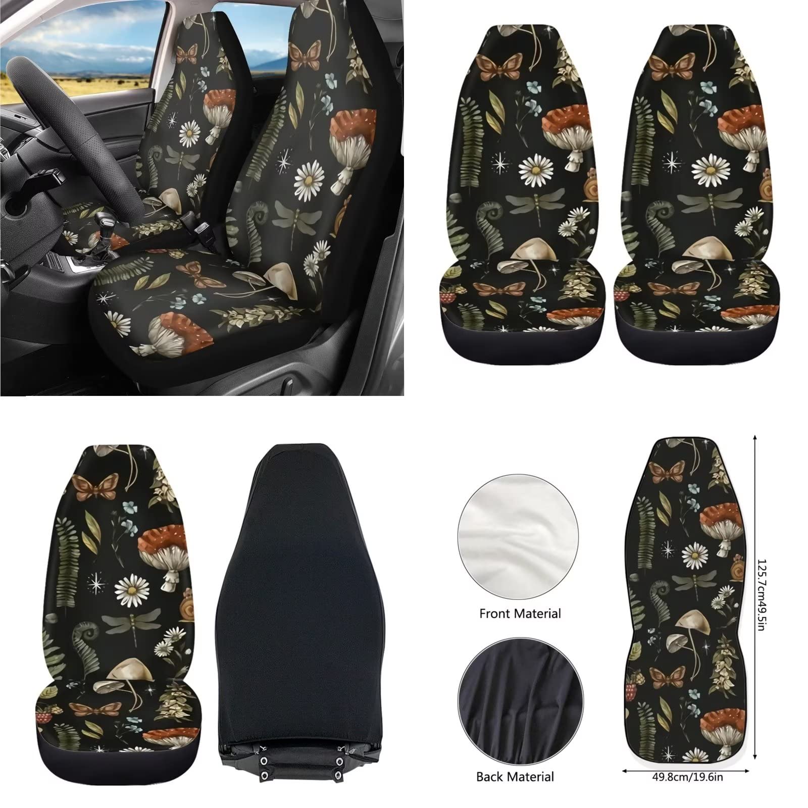 **Mumeson Universal 15-inch Car Seat Covers Set – Soft Mushroom Print Front Seat Protectors, Steering Wheel Cover, Seatbelt Covers & 7-Pack Coasters for Women – Perfect for Daily Commute & Road Trips**