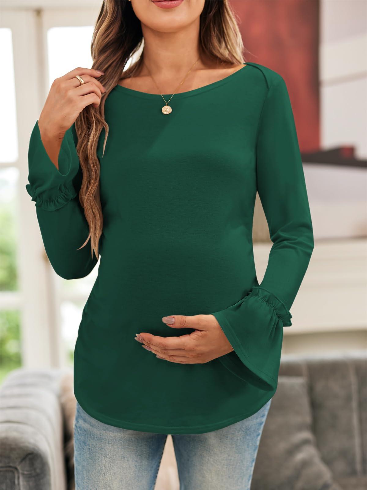 Women's Maternity Shirts - Bell Sleeve Pregnancy Tops with Boat Neck for Casual Wear | Comfortable Nursing & Maternity Clothes for Everyday Use