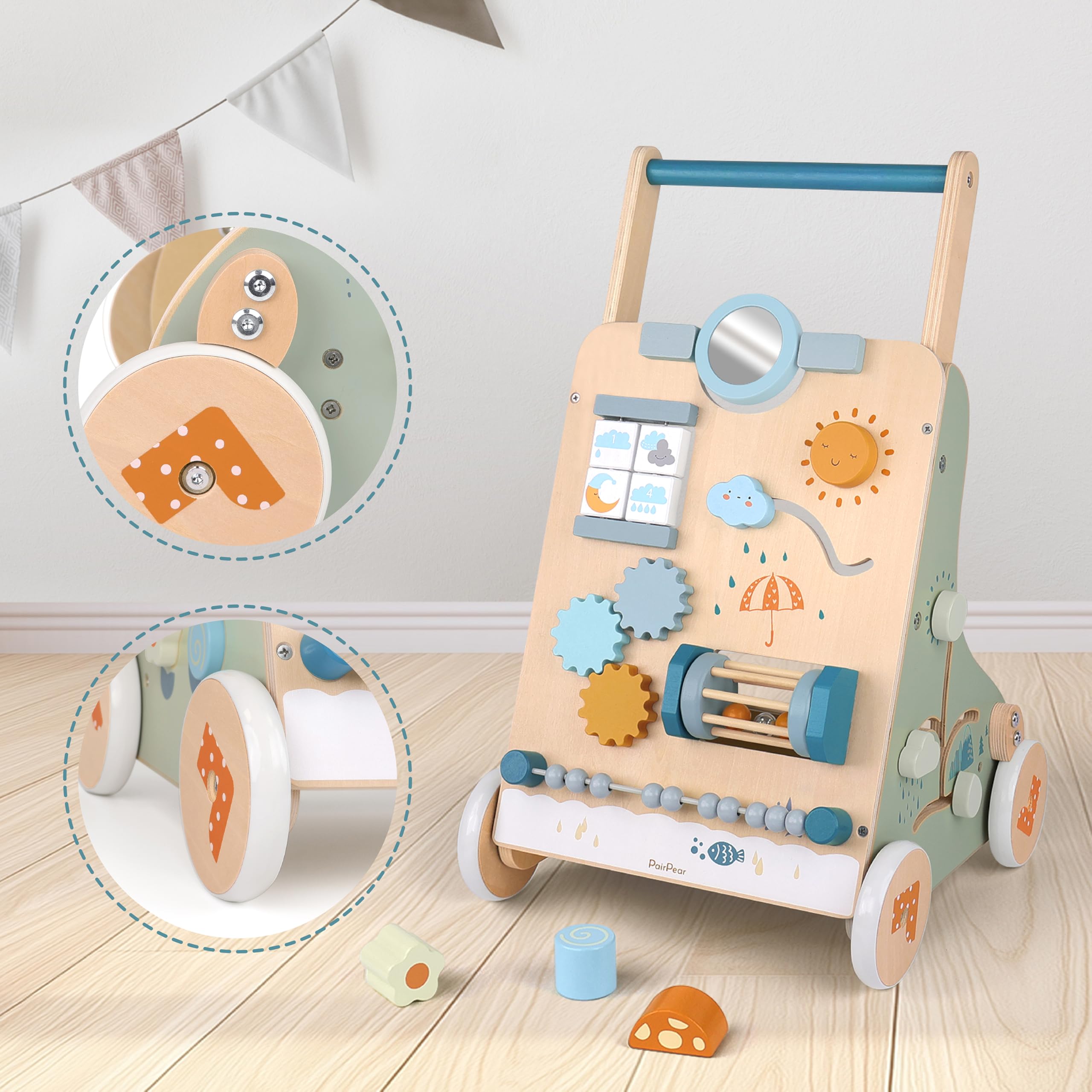 PairPear Wooden Baby Walker - Adjustable Speed Push Walker Toy with Montessori Activity Center for Toddlers | Early Learning & Walking Aid for Boys & Girls | Perfect for Home Play & Child Development