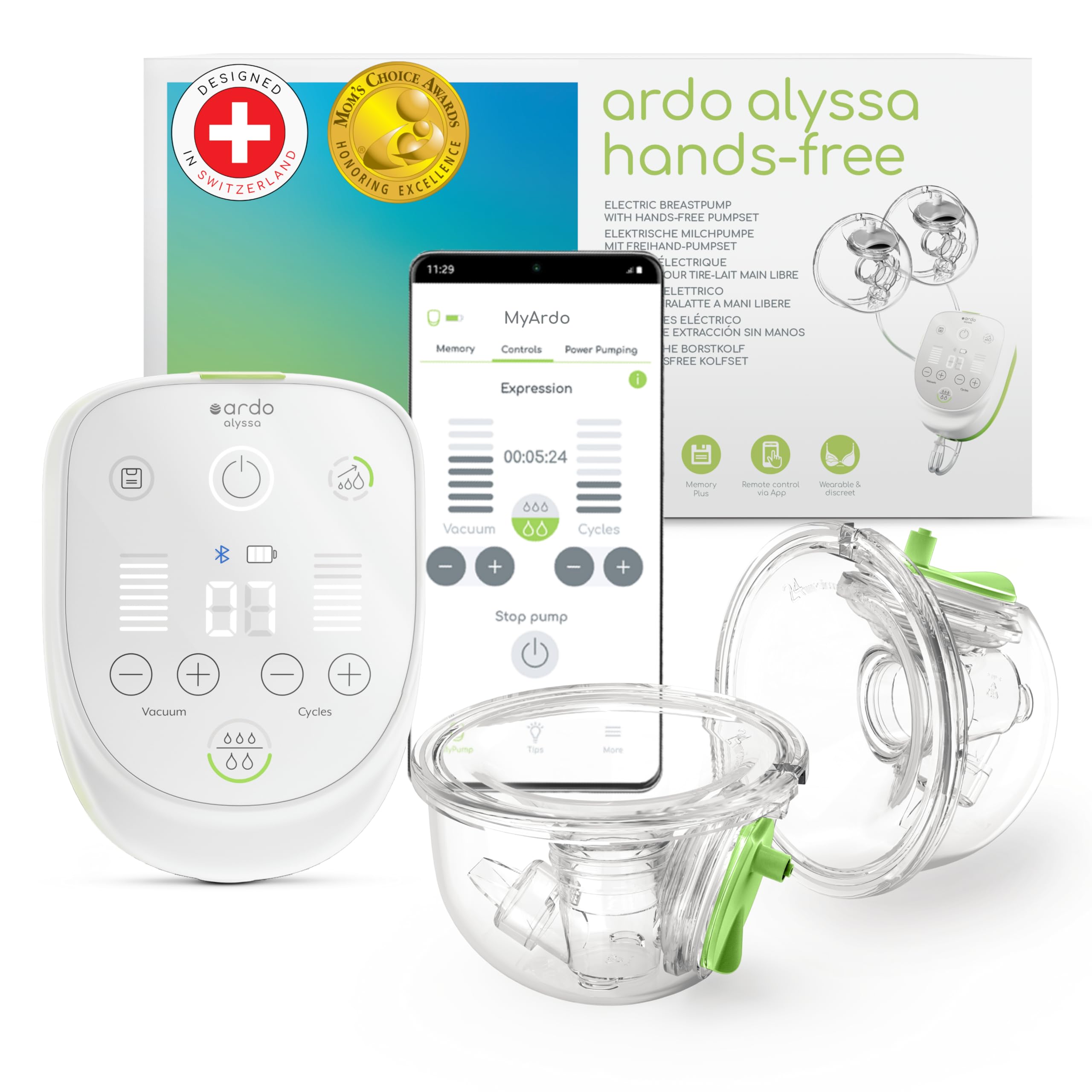 Ardo Alyssa Hands-Free Hospital-Grade Breast Pump with Wearable Cups - Swiss Made, Rechargeable, Medical Grade, Memory Function & Built-in Power Pumping - Compatible with MyArdo App - Perfect for Busy Moms, Working Professionals & Traveling