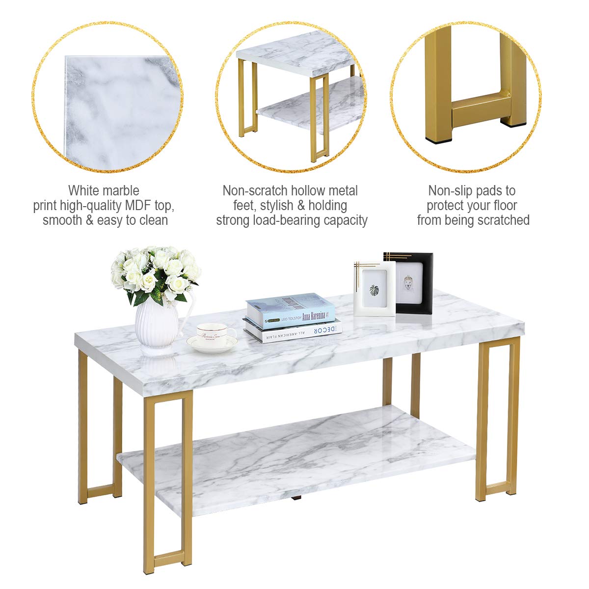 Giantex Modern 2-Tier Rectangular Coffee Table with Faux Marble Top & Gold Metal Frame - Accent Center Table for Living Room, Bedroom, Lounge - Perfect for Entertaining Guests or Relaxing with Coffee