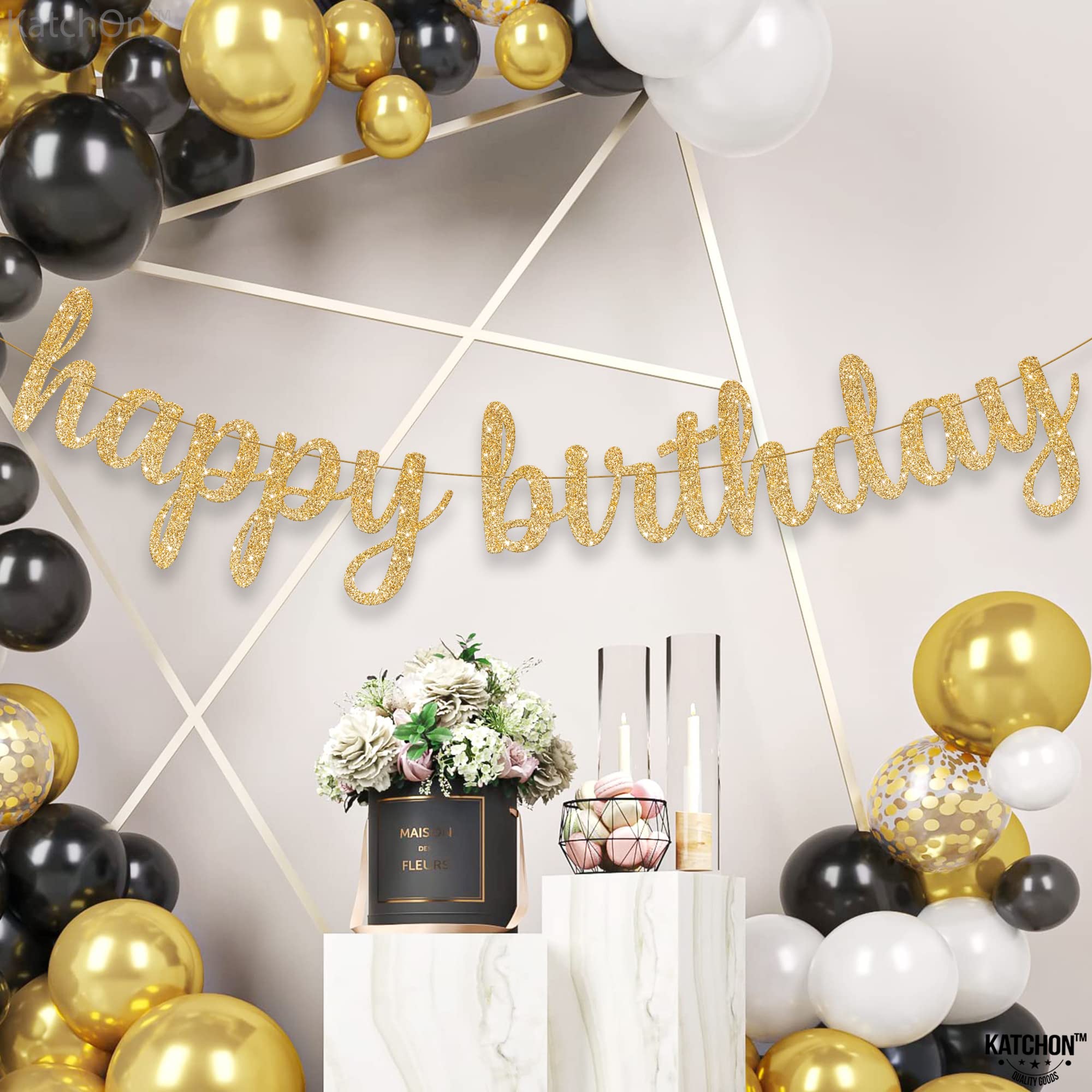 KatchOn Gold Glitter Happy Birthday Banner - 10 Feet Pre-Strung Party Decor for Women, Girls, Bridal Showers & Birthday Celebrations | Ready-to-Hang Gold Foil Sign for Wall Decorations