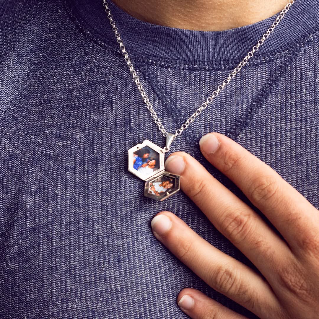 Hexagon Locket Necklace for Men - Sterling Silver Photo Pendant - Perfect for Engagements, Anniversaries & Gifts