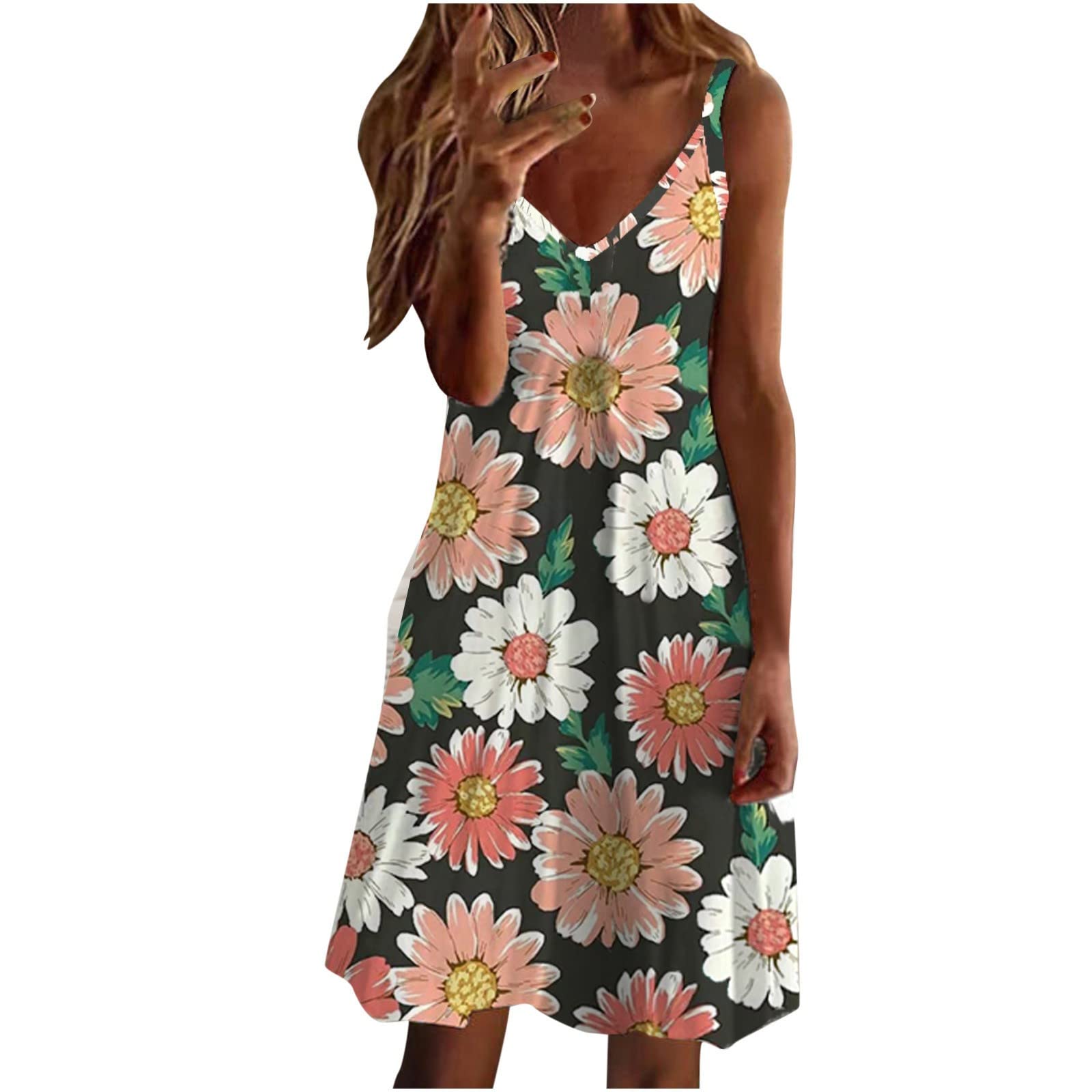 Floral Summer Dresses for Women - Sleeveless V-Neck Sling Mid-Waist Casual Slip Dress | Perfect for Beach Vacations, Date Nights & Summer Parties
