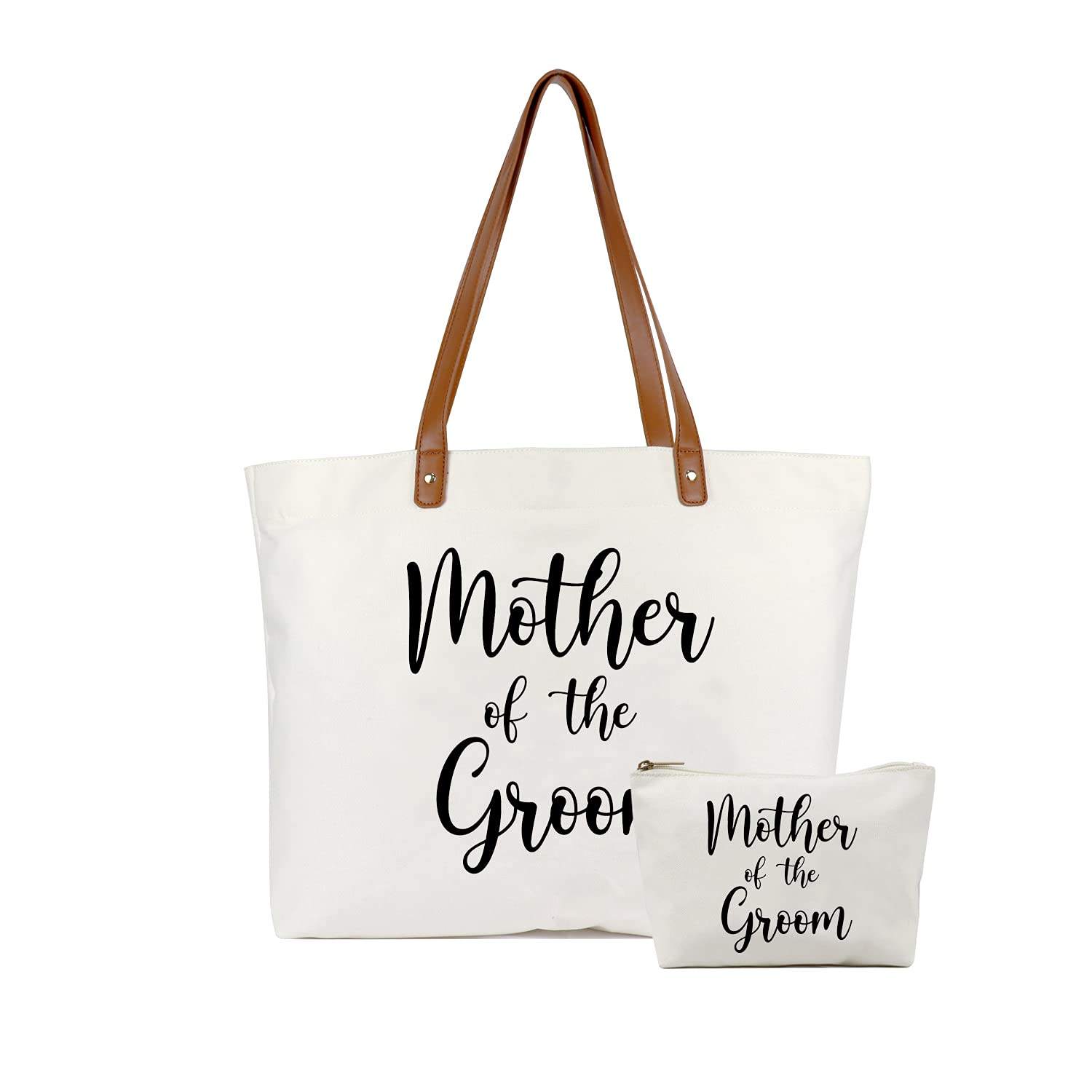 Lamyba Mother of the Groom Gift Set - Elegant White Canvas Tote Bag with Matching Makeup Pouch - Perfect Bridal Shower & Wedding Gift for Moms - Durable Zipper Closure - Ideal for Wedding Events & Special Occasions