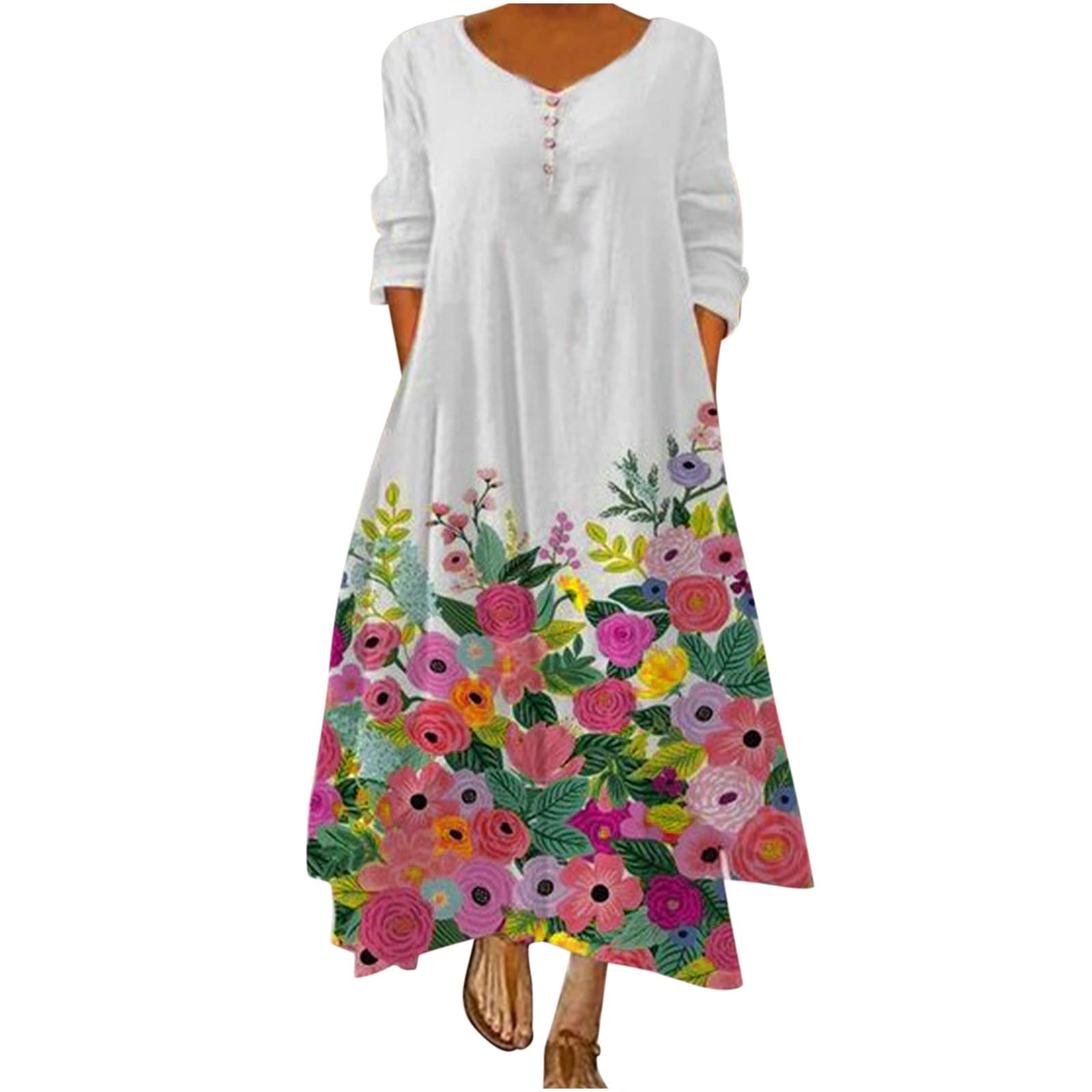 Women's Summer Maxi Dress with Irregular Hem - Floral Print Casual Crew Neck Long Sleeve T-Shirt Dress with Pockets | Perfect for Beach, Vacation & Everyday Wear